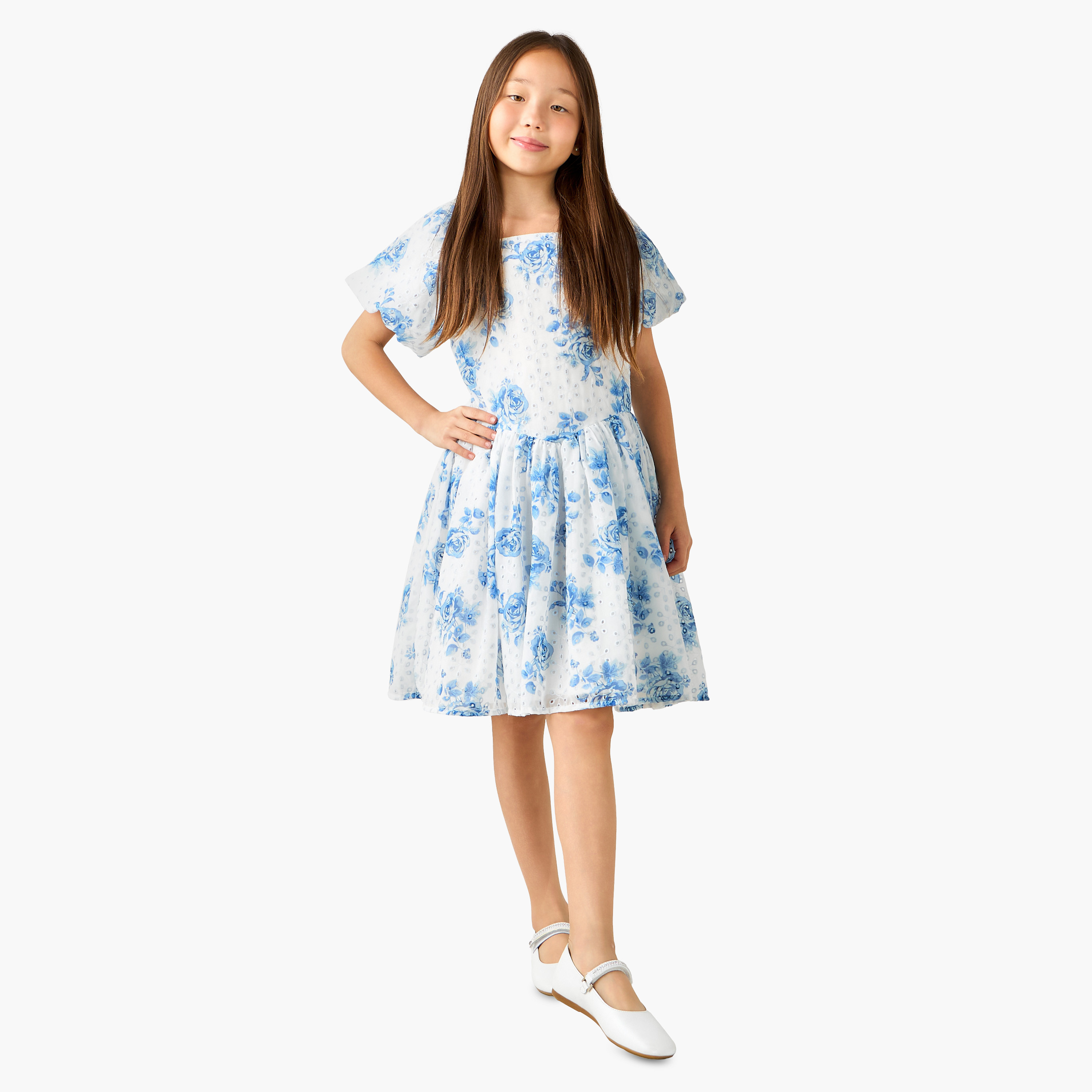 Eligo Square Neck Short Sleeve Dress with Floral Print-girls-clothing-dressesandjumpsuits-image-6