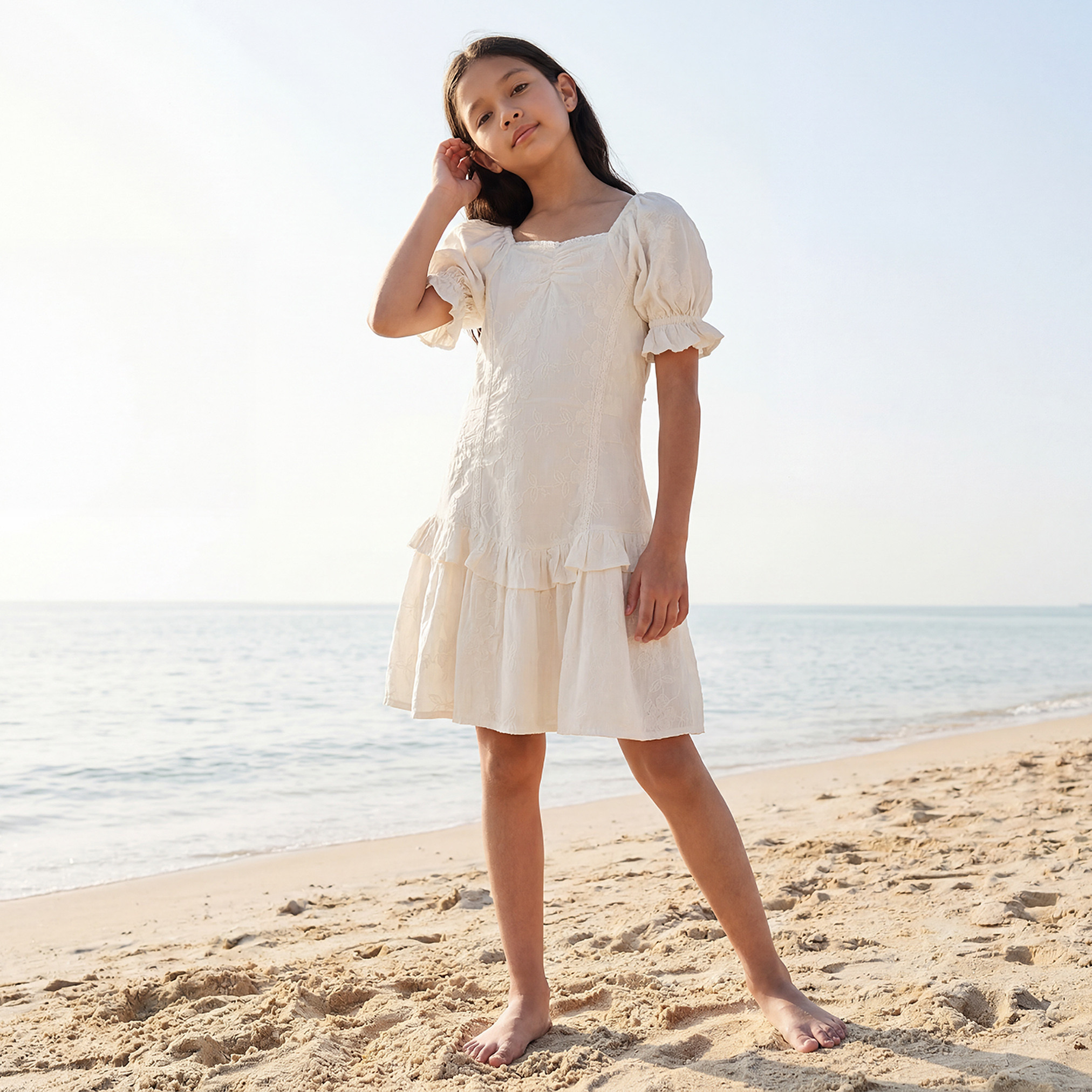 فستان إيه لاين طول الركبة بتطريز أزهار وياقة مربعة وأكمام قصيرة من إليجو-girls-clothing-dressesandjumpsuits-image-1