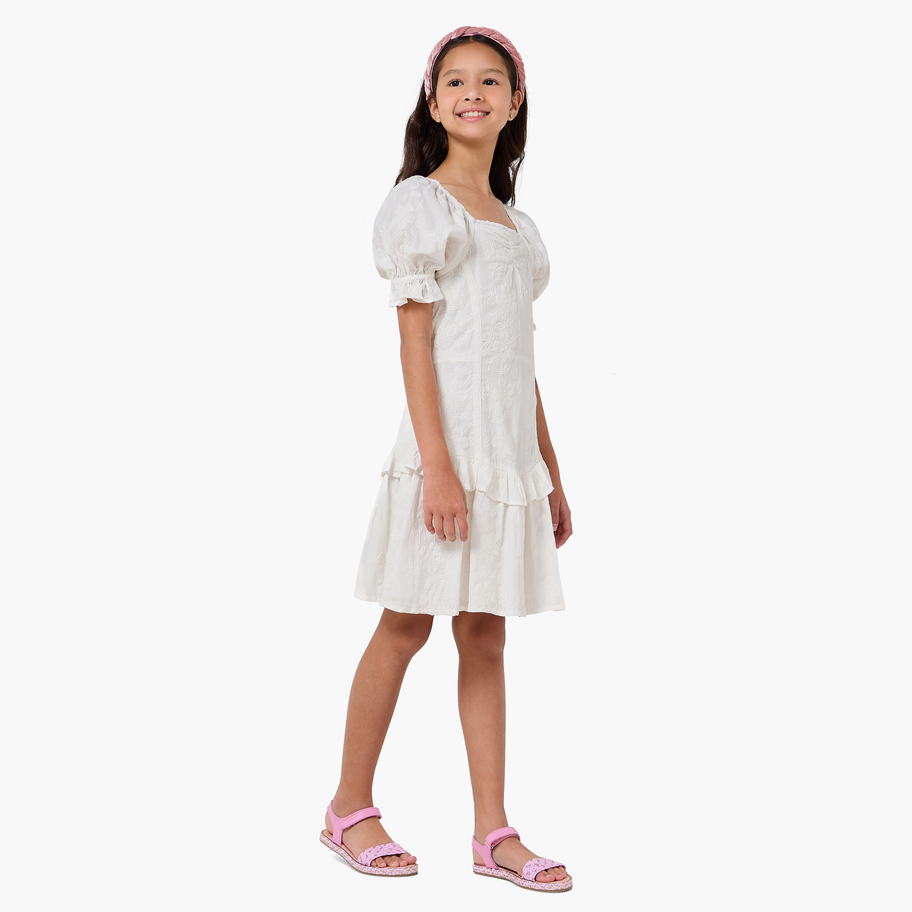 فستان إيه لاين طول الركبة بتطريز أزهار وياقة مربعة وأكمام قصيرة من إليجو-girls-clothing-dressesandjumpsuits-image-2