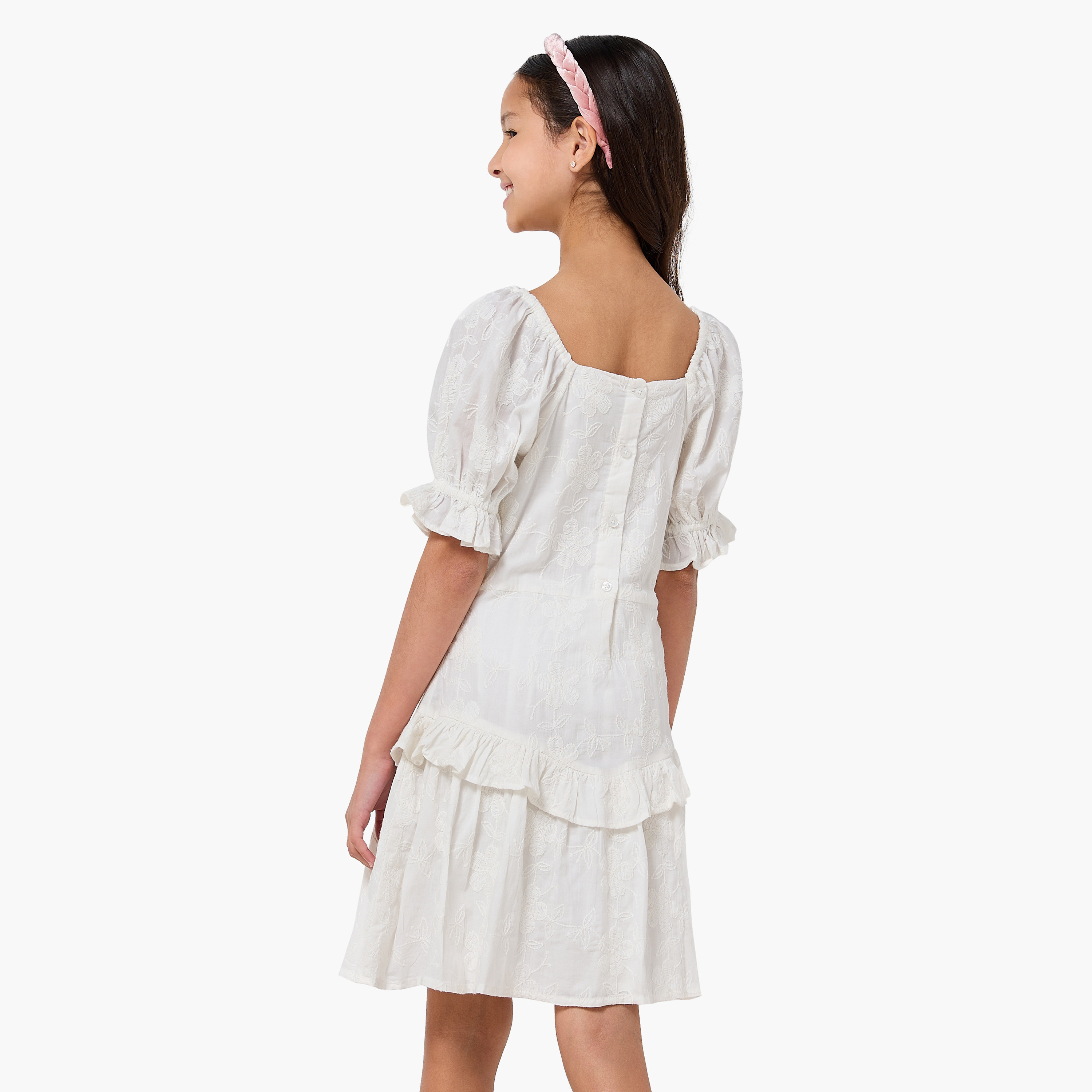 فستان إيه لاين طول الركبة بتطريز أزهار وياقة مربعة وأكمام قصيرة من إليجو-girls-clothing-dressesandjumpsuits-image-3