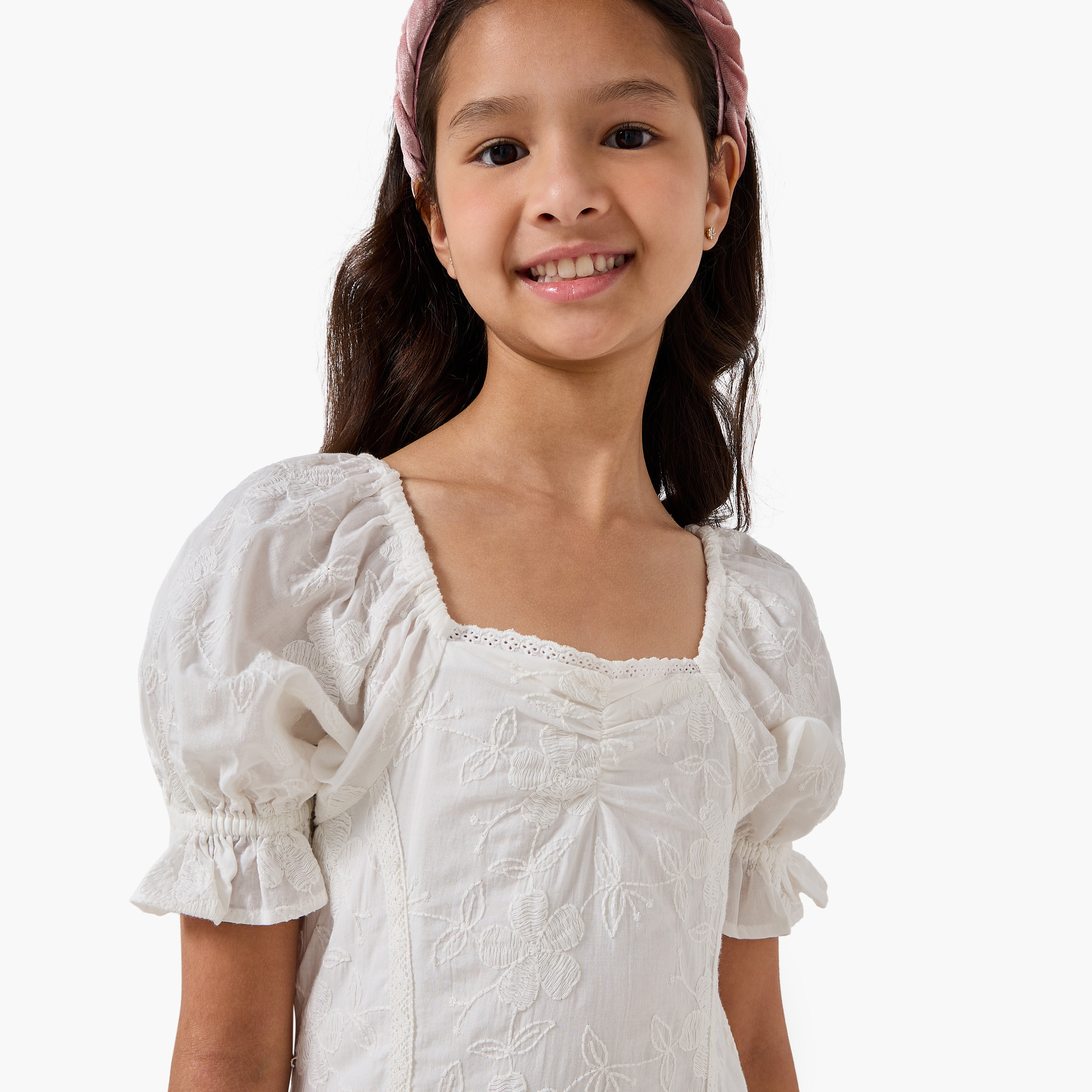 فستان إيه لاين طول الركبة بتطريز أزهار وياقة مربعة وأكمام قصيرة من إليجو-girls-clothing-dressesandjumpsuits-image-4
