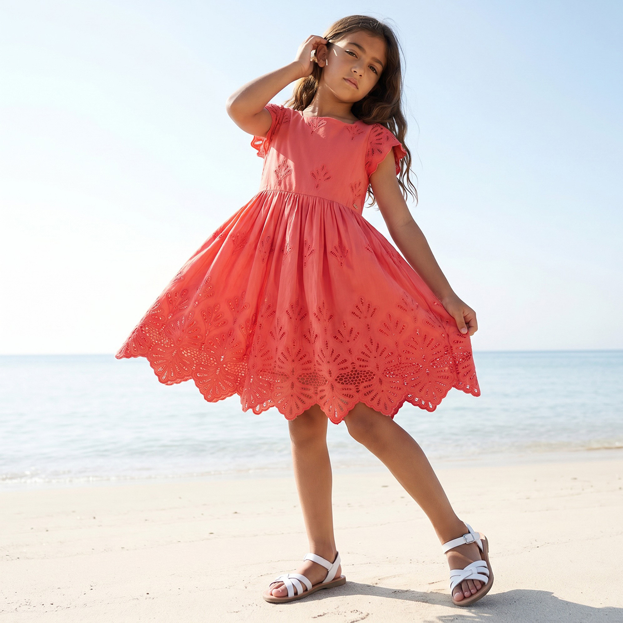 Eligo Girls Square Neck Short Sleeves Knee Length A-line Schiffli Embroidered Dress-girls-clothing-dressesandjumpsuits-image-1