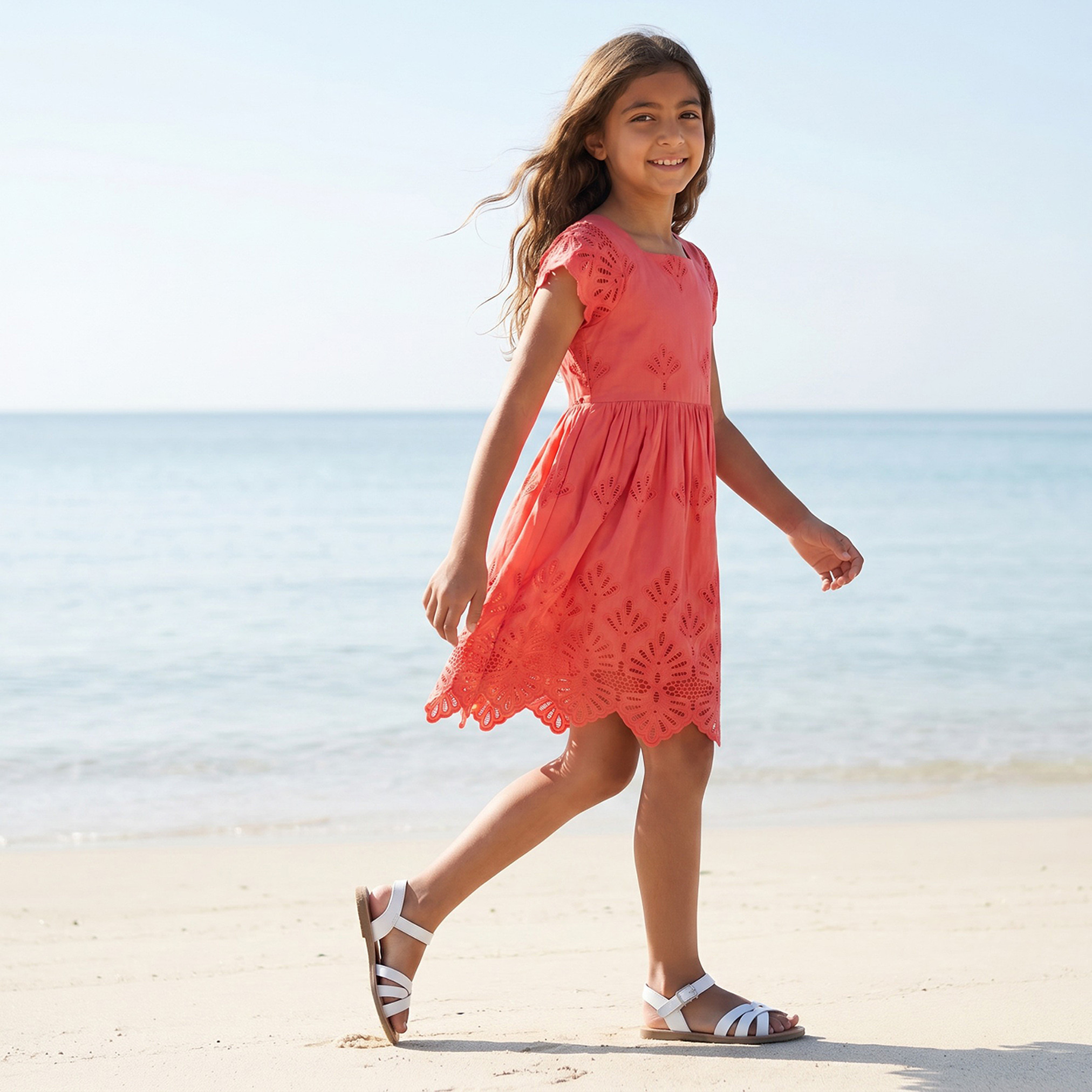 Eligo Girls Square Neck Short Sleeves Knee Length A-line Schiffli Embroidered Dress-girls-clothing-dressesandjumpsuits-image-2