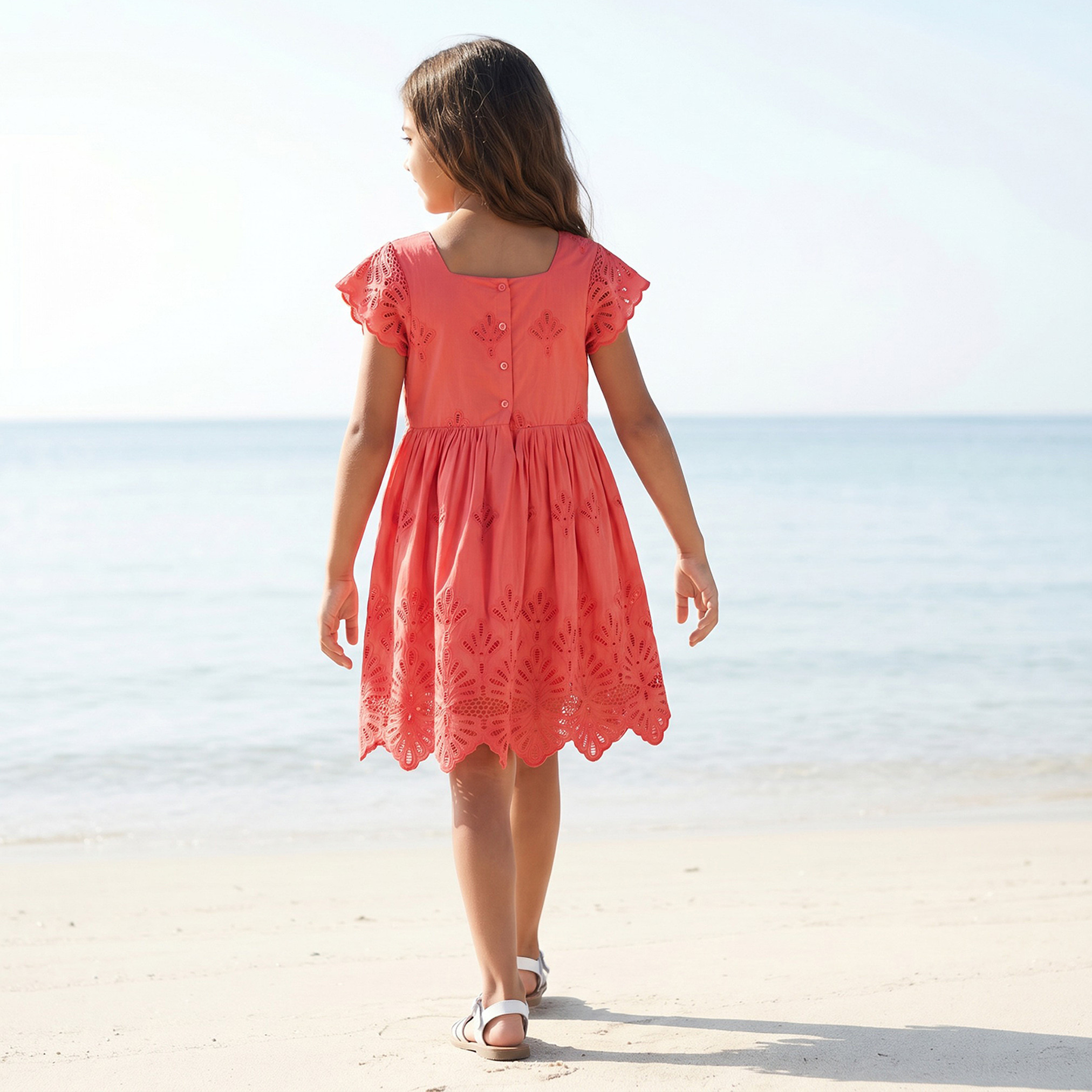 Eligo Girls Square Neck Short Sleeves Knee Length A-line Schiffli Embroidered Dress-girls-clothing-dressesandjumpsuits-image-3