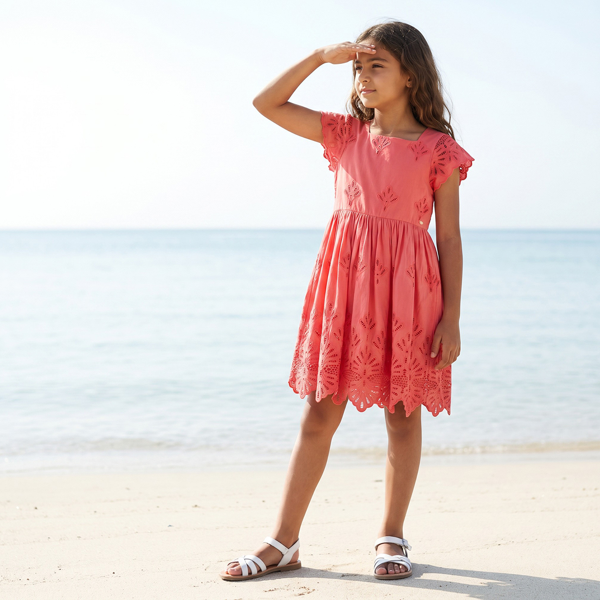 Eligo Girls Square Neck Short Sleeves Knee Length A-line Schiffli Embroidered Dress-girls-clothing-dressesandjumpsuits-image-5