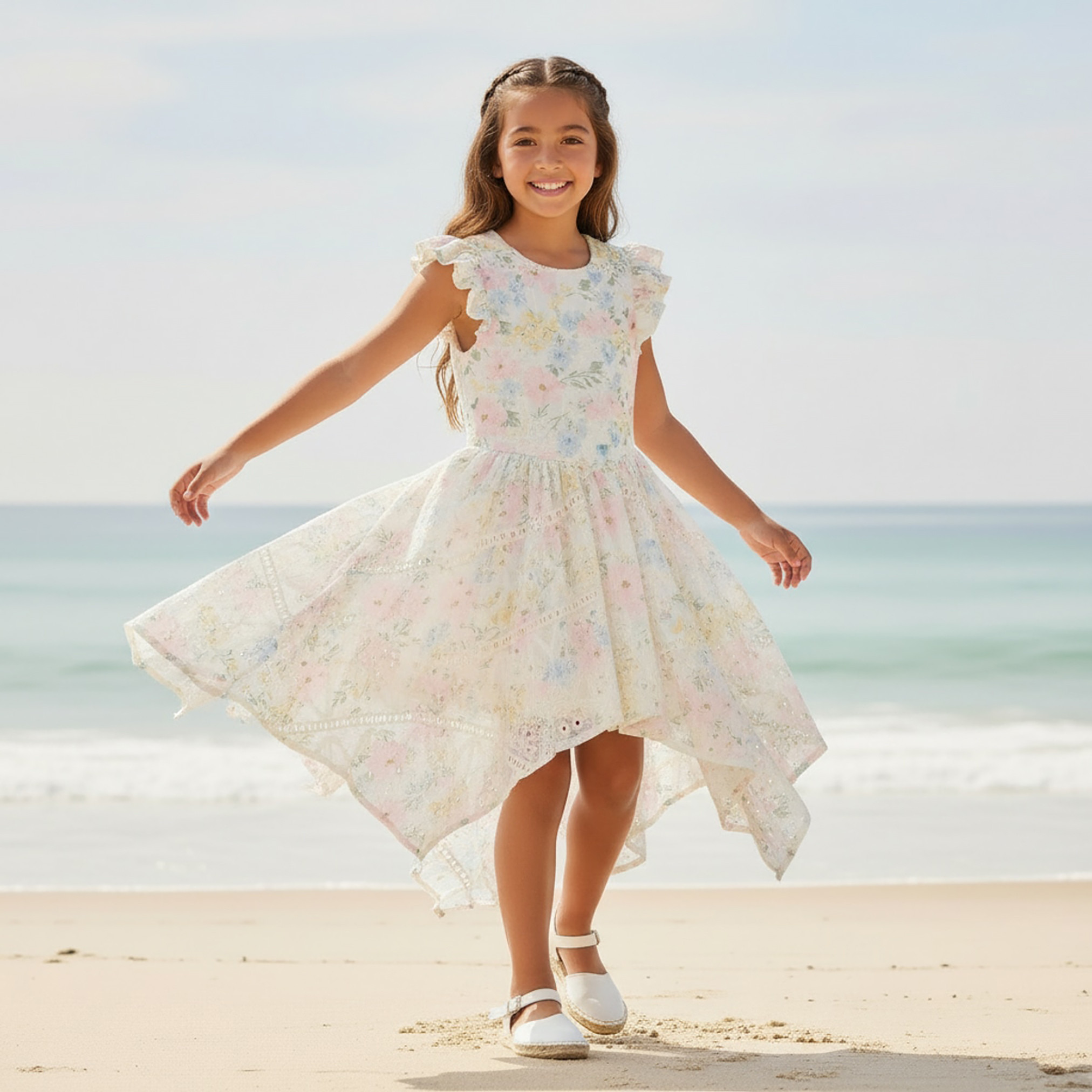 Eligo Round Neck Sleeveless Knee-Length Asymmetrical Dress with Floral Print-girls-clothing-dressesandjumpsuits-image-1