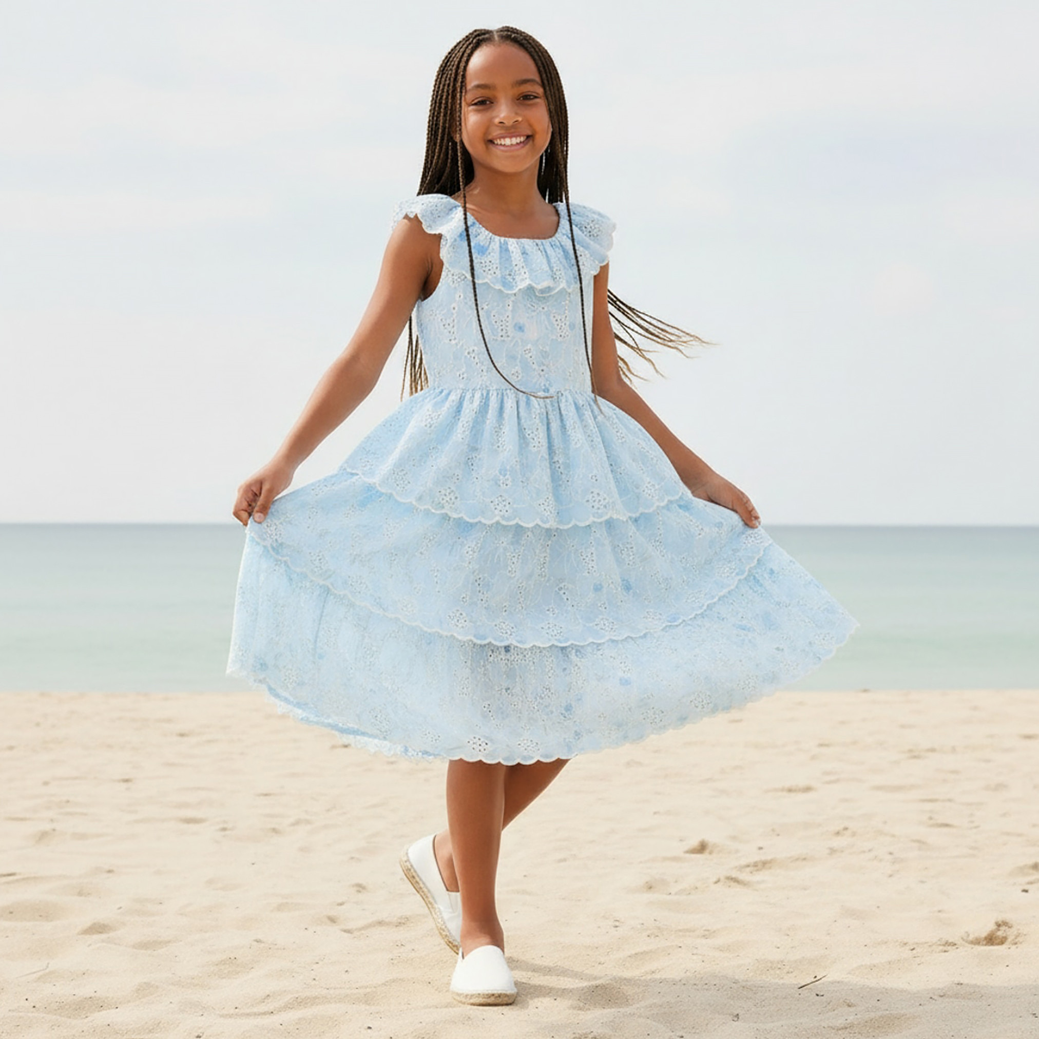 Eligo Round Neck Sleeveless Knee Length Tiered Dress with Schiffli Embroidery-girls-clothing-dressesandjumpsuits-image-1