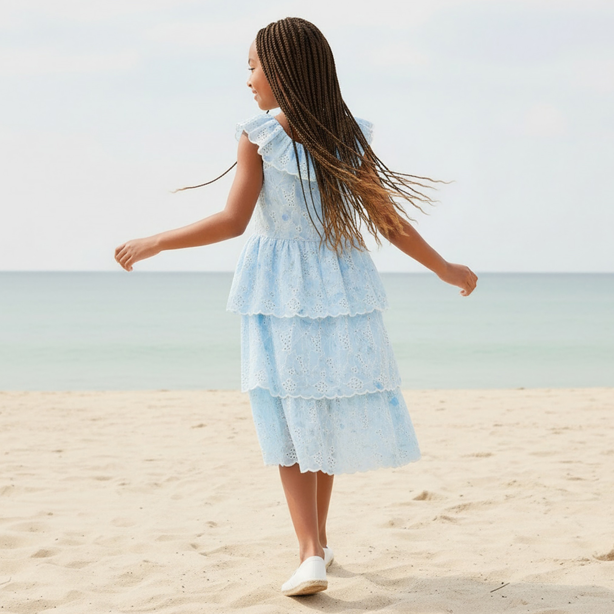 Eligo Round Neck Sleeveless Knee Length Tiered Dress with Schiffli Embroidery-girls-clothing-dressesandjumpsuits-image-3