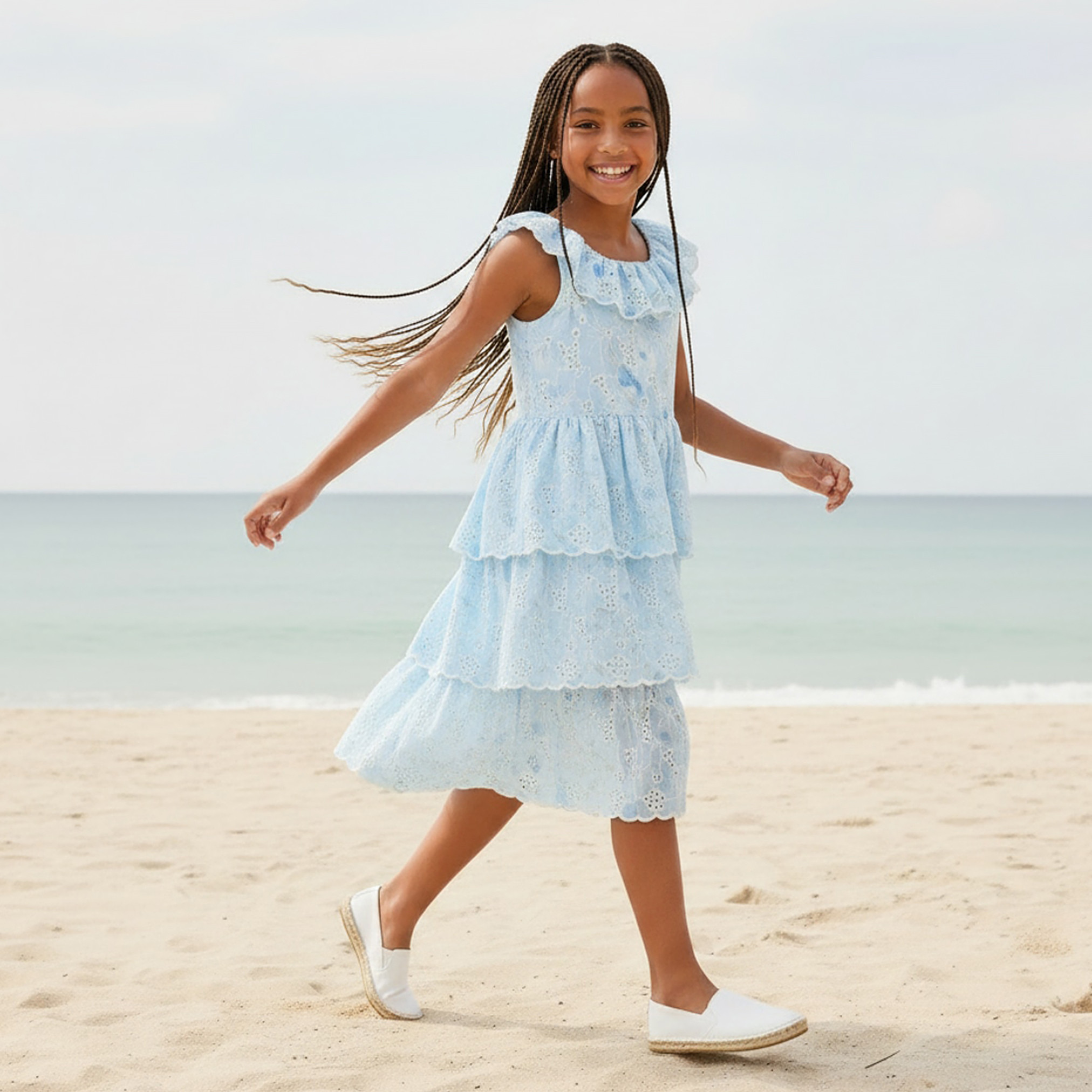 Eligo Round Neck Sleeveless Knee Length Tiered Dress with Schiffli Embroidery-girls-clothing-dressesandjumpsuits-image-4