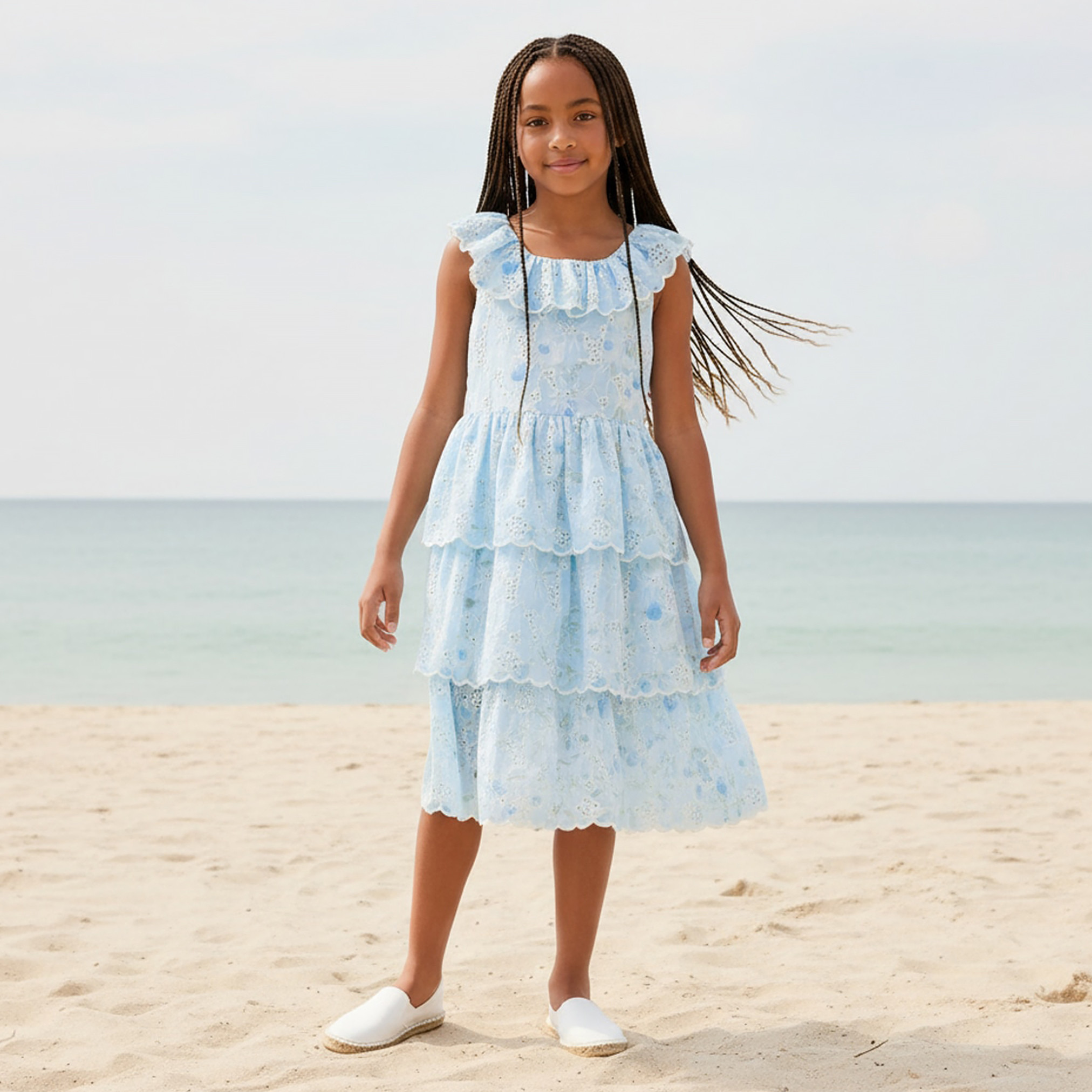 Eligo Round Neck Sleeveless Knee Length Tiered Dress with Schiffli Embroidery-girls-clothing-dressesandjumpsuits-image-5
