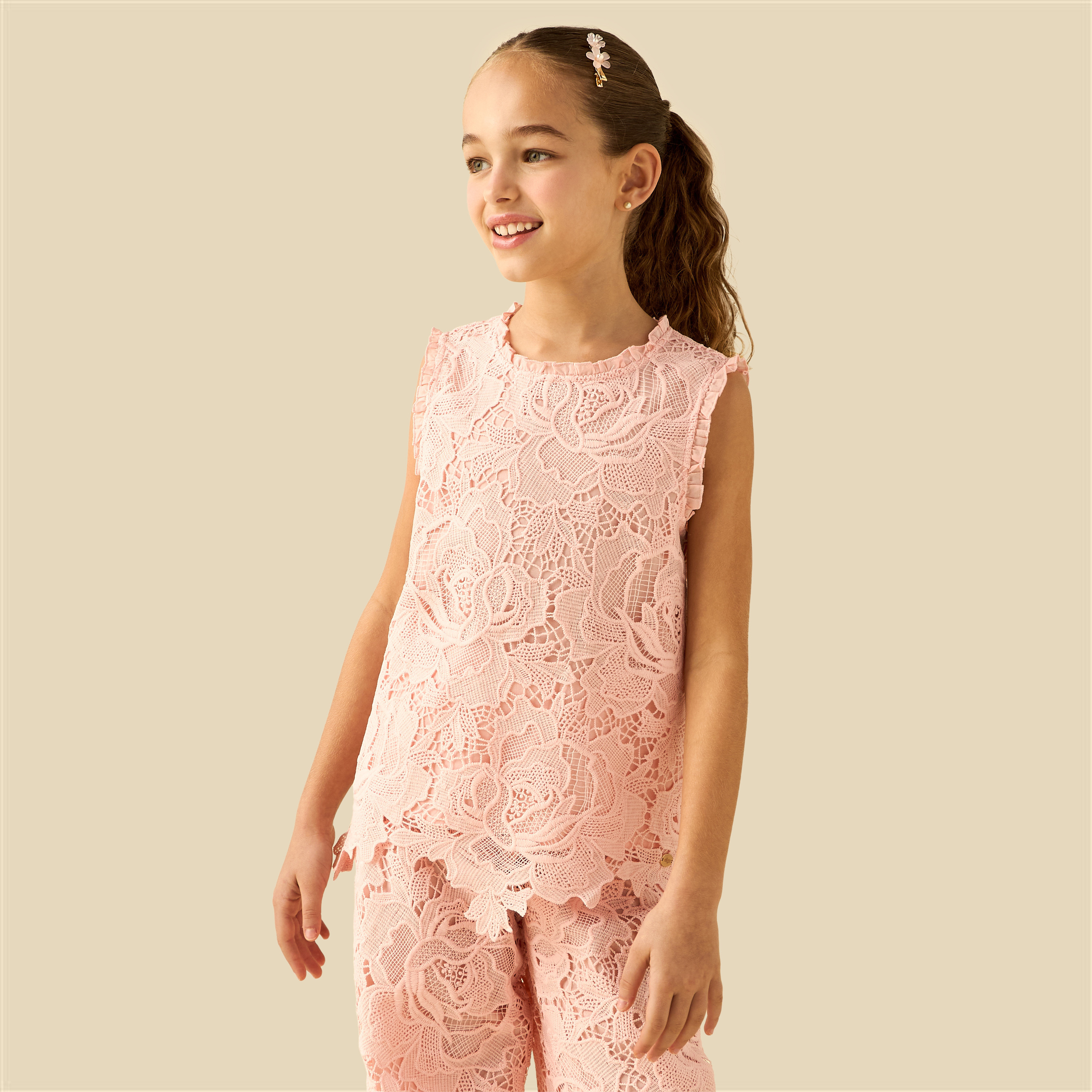 طقم بلوزة بدون أكمام بياقة مستديرة وبنطلون بتفاصيل دانتيل من إليجو-girls-clothing-setsandcoords-image-5