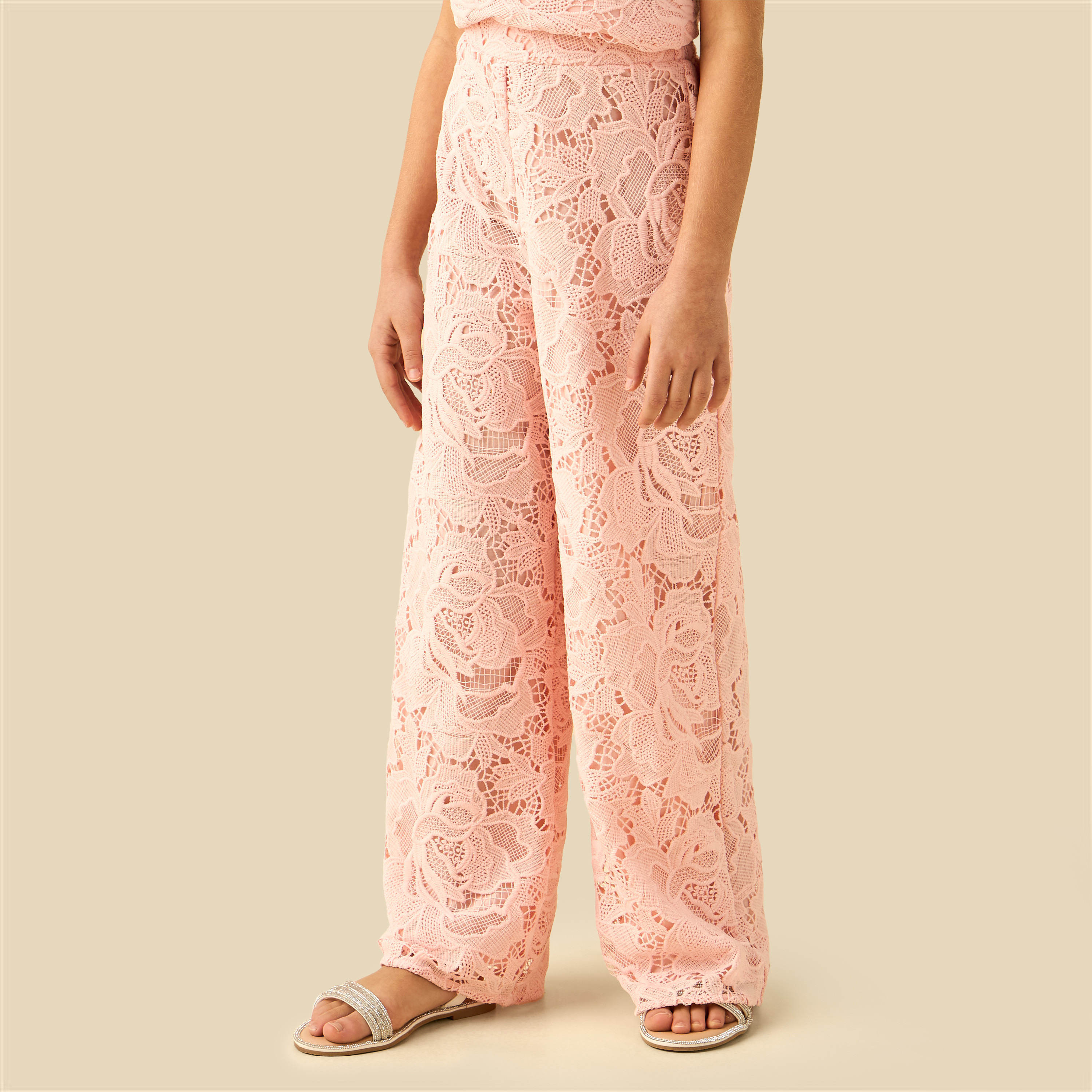 طقم بلوزة بدون أكمام بياقة مستديرة وبنطلون بتفاصيل دانتيل من إليجو-girls-clothing-setsandcoords-image-4