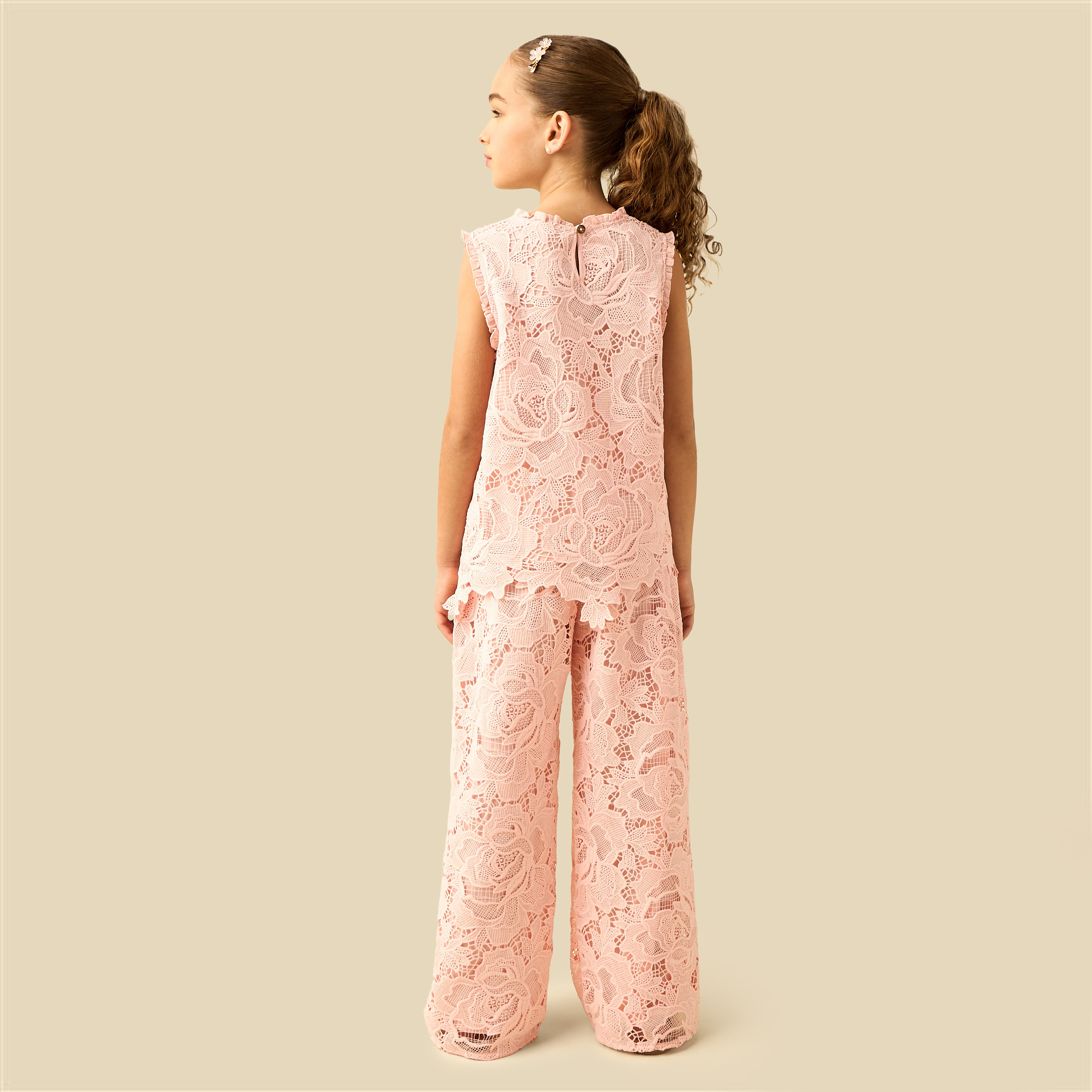 طقم بلوزة بدون أكمام بياقة مستديرة وبنطلون بتفاصيل دانتيل من إليجو-girls-clothing-setsandcoords-image-3