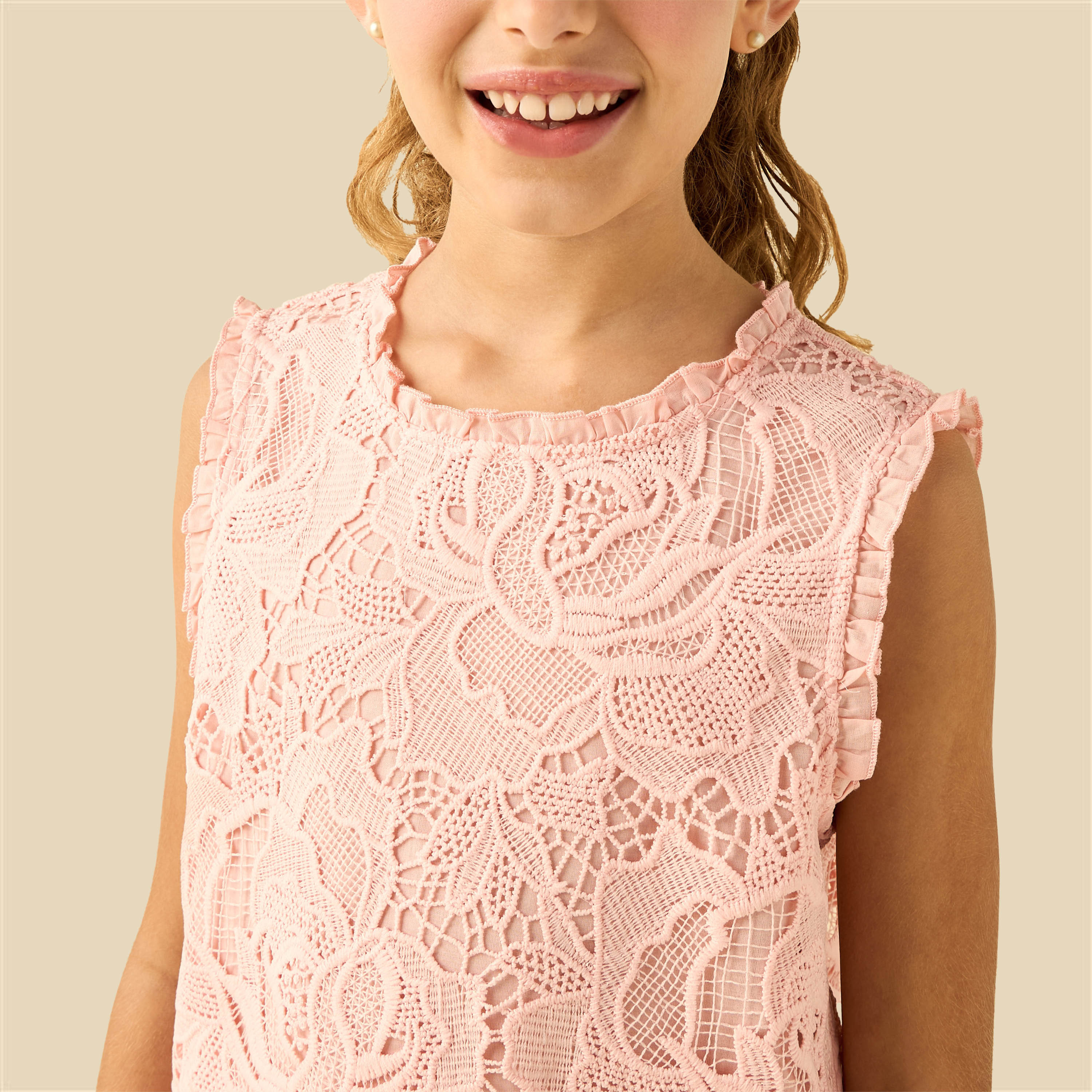 طقم بلوزة بدون أكمام بياقة مستديرة وبنطلون بتفاصيل دانتيل من إليجو-girls-clothing-setsandcoords-image-2