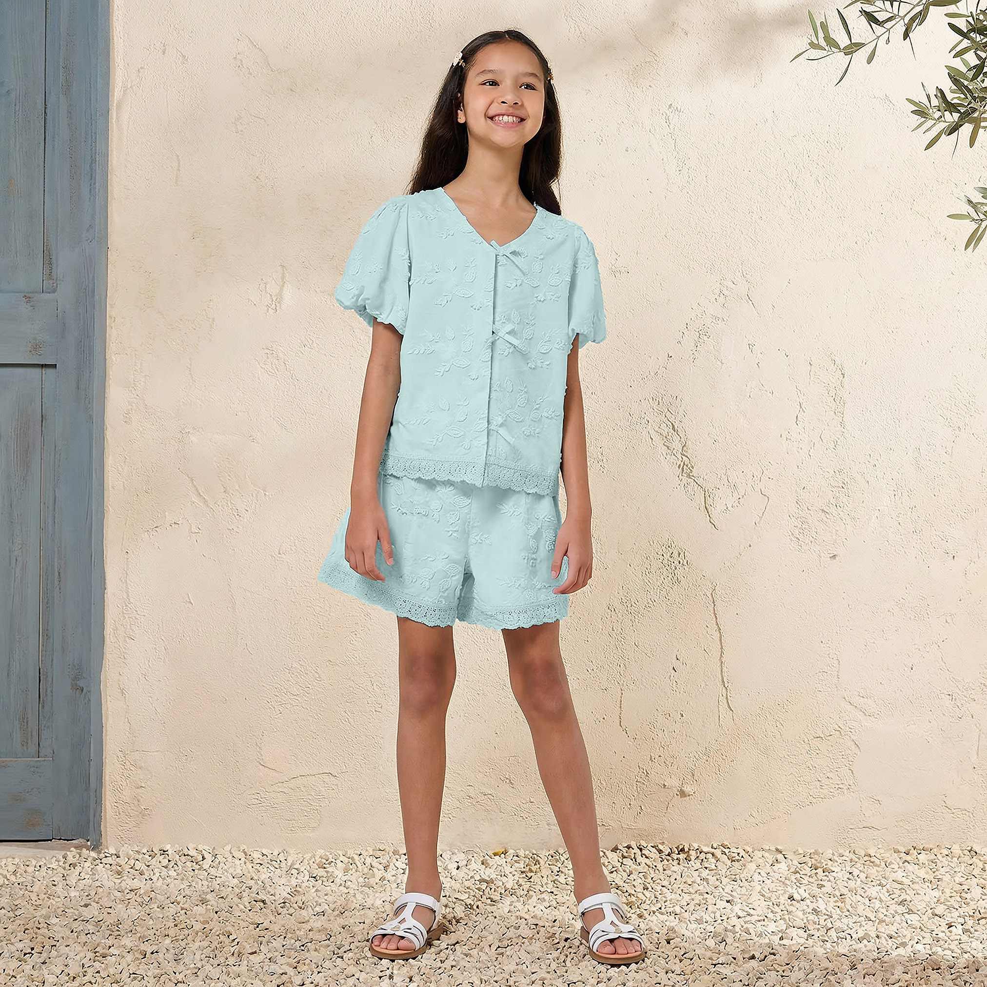 Eligo V-neck Short Sleeves Top and Shorts Set with Floral Embroidery-girls-clothing-setsandcoords-image-1