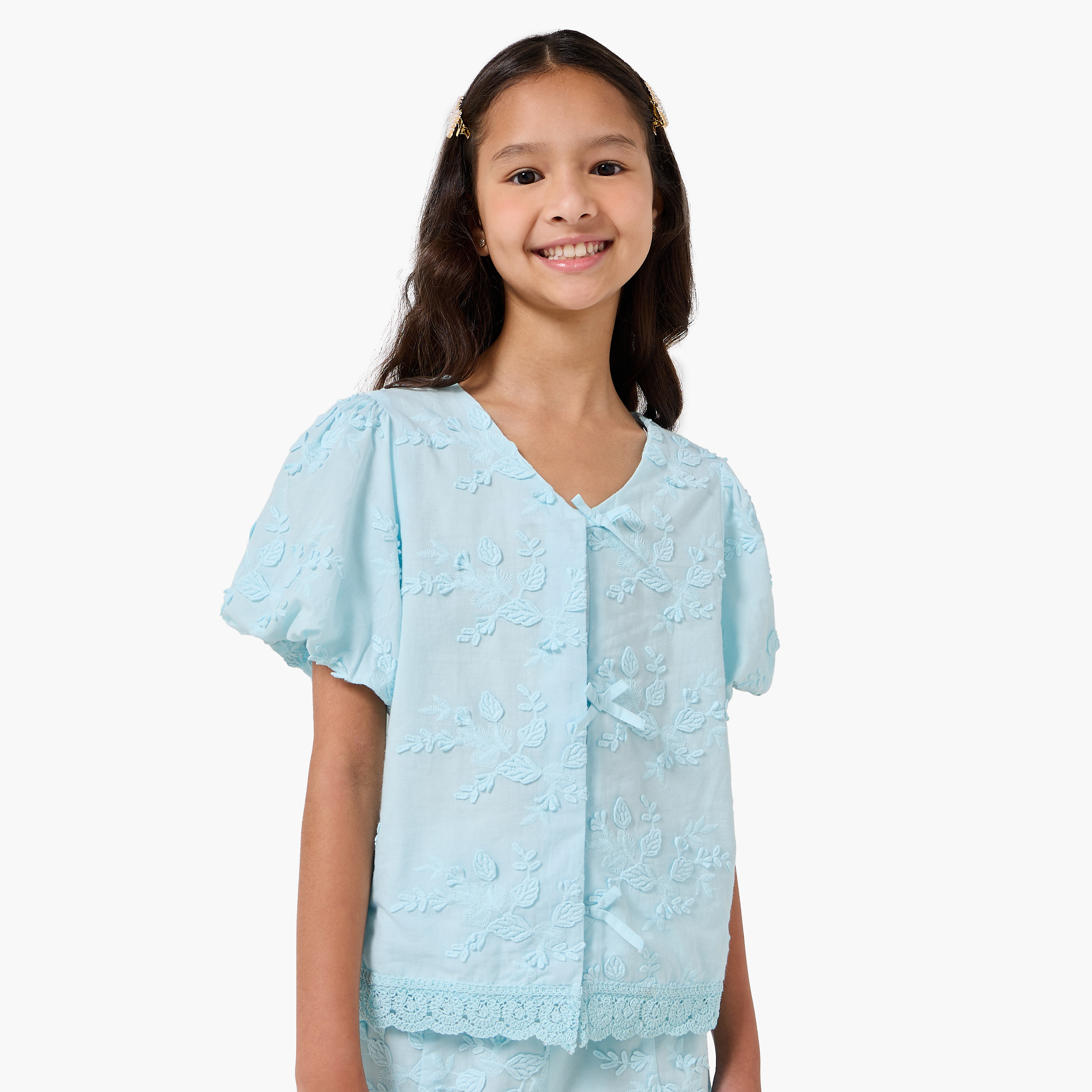 Eligo V-neck Short Sleeves Top and Shorts Set with Floral Embroidery-girls-clothing-setsandcoords-image-2