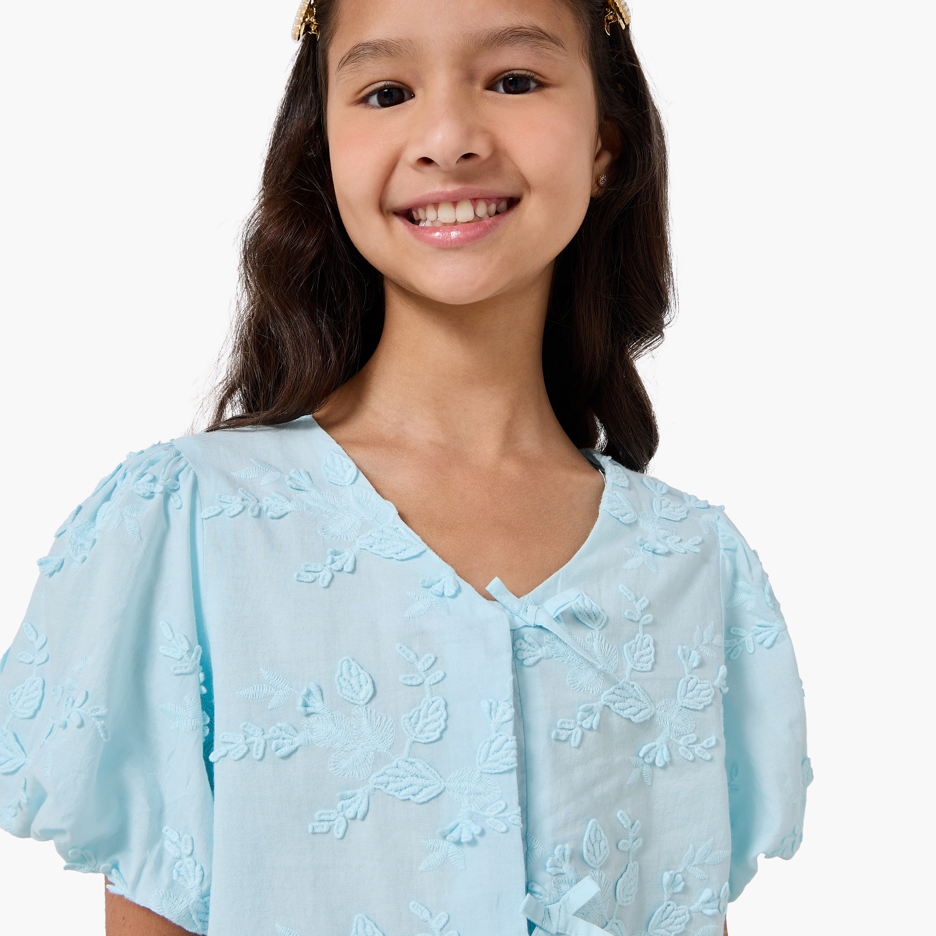 Eligo V-neck Short Sleeves Top and Shorts Set with Floral Embroidery-girls-clothing-setsandcoords-image-5