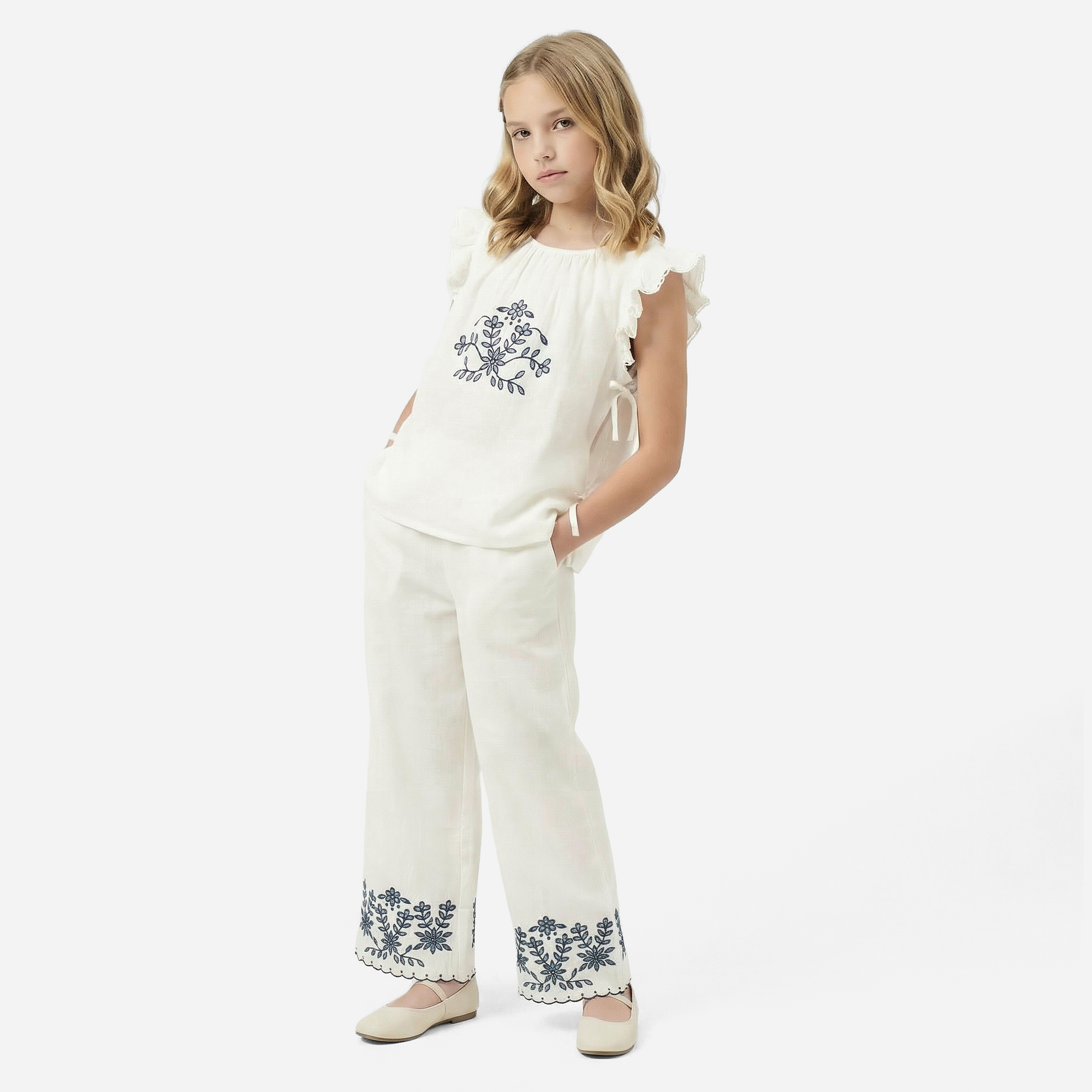 Eligo Round Neck Sleeveless Top and Pants Set with Floral Embroidery-girls-clothing-setsandcoords-image-1
