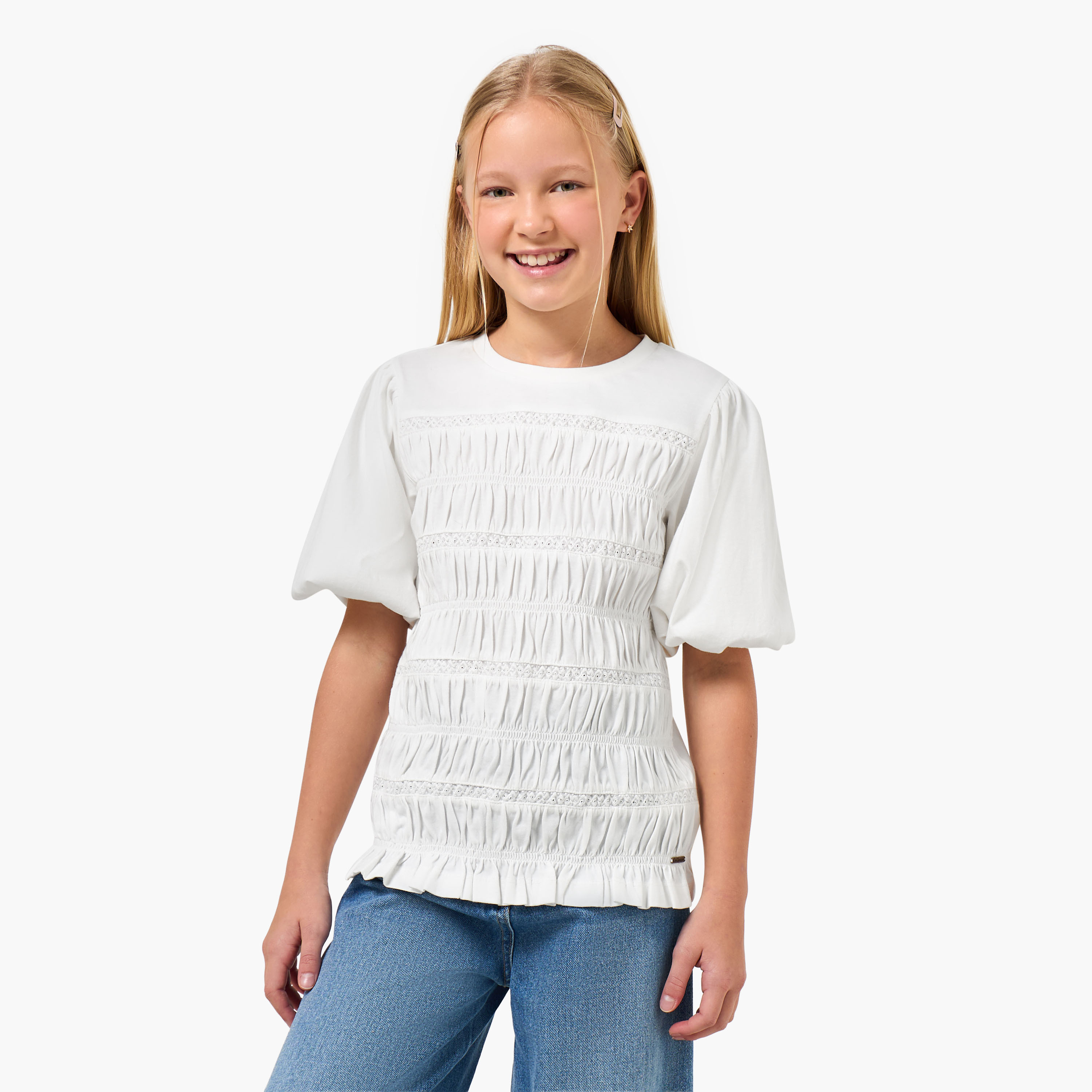 تيشيرت بياقة مستديرة وأكمام قصيرة بتفاصيل بارزة الملمس مجعدة من لي كوبر-girls-clothing-blousesandshirts-image-5