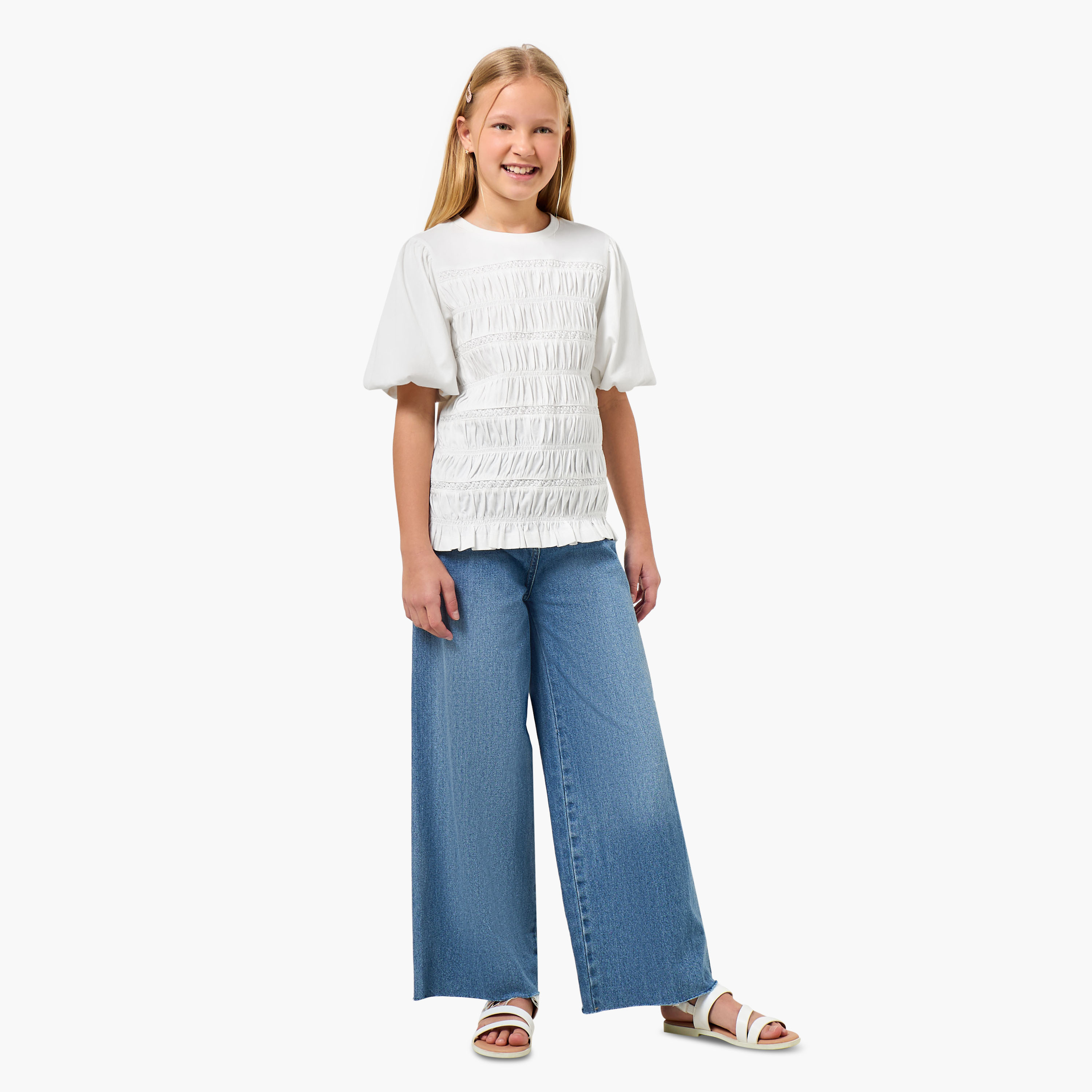 تيشيرت بياقة مستديرة وأكمام قصيرة بتفاصيل بارزة الملمس مجعدة من لي كوبر-girls-clothing-blousesandshirts-image-4