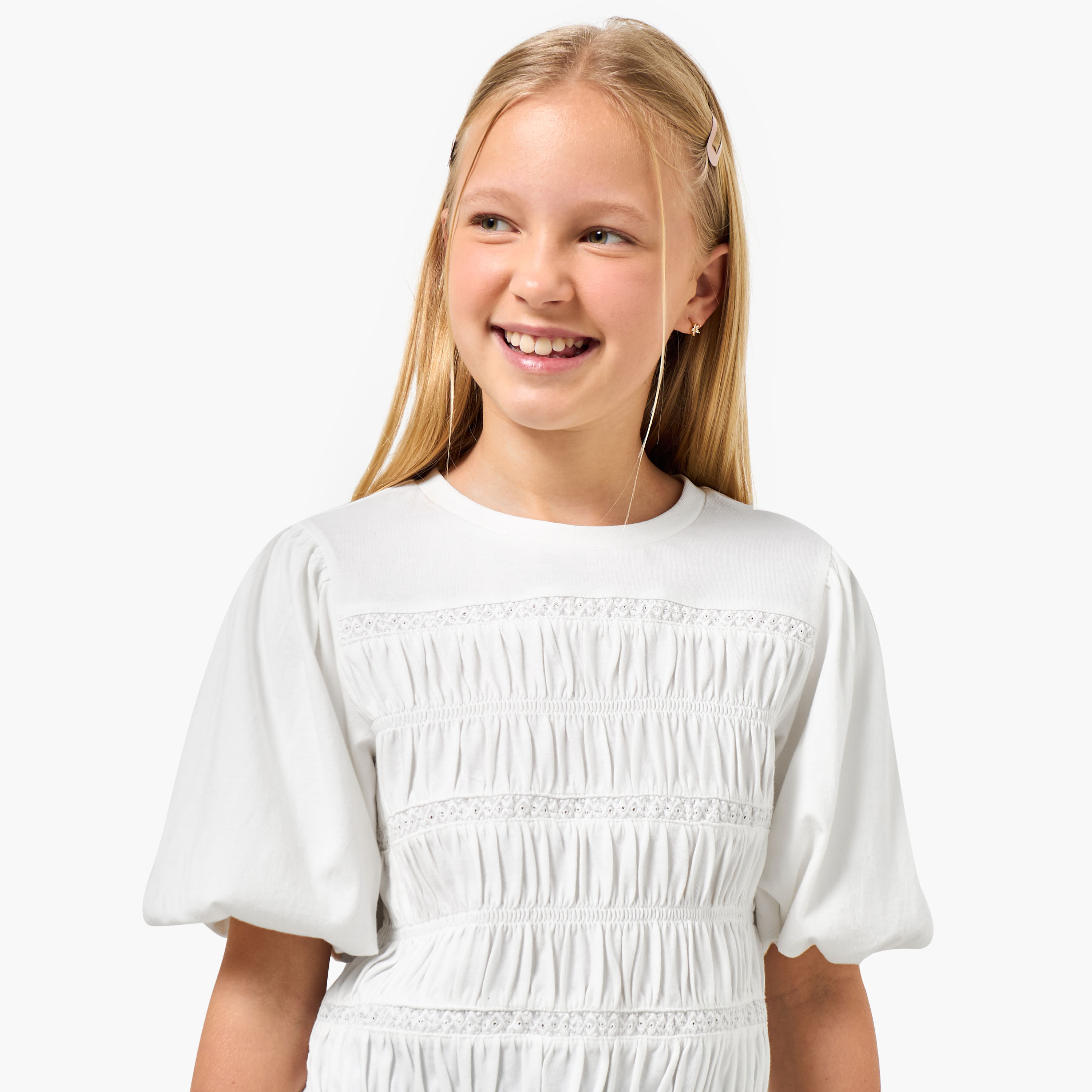 تيشيرت بياقة مستديرة وأكمام قصيرة بتفاصيل بارزة الملمس مجعدة من لي كوبر-girls-clothing-blousesandshirts-image-2