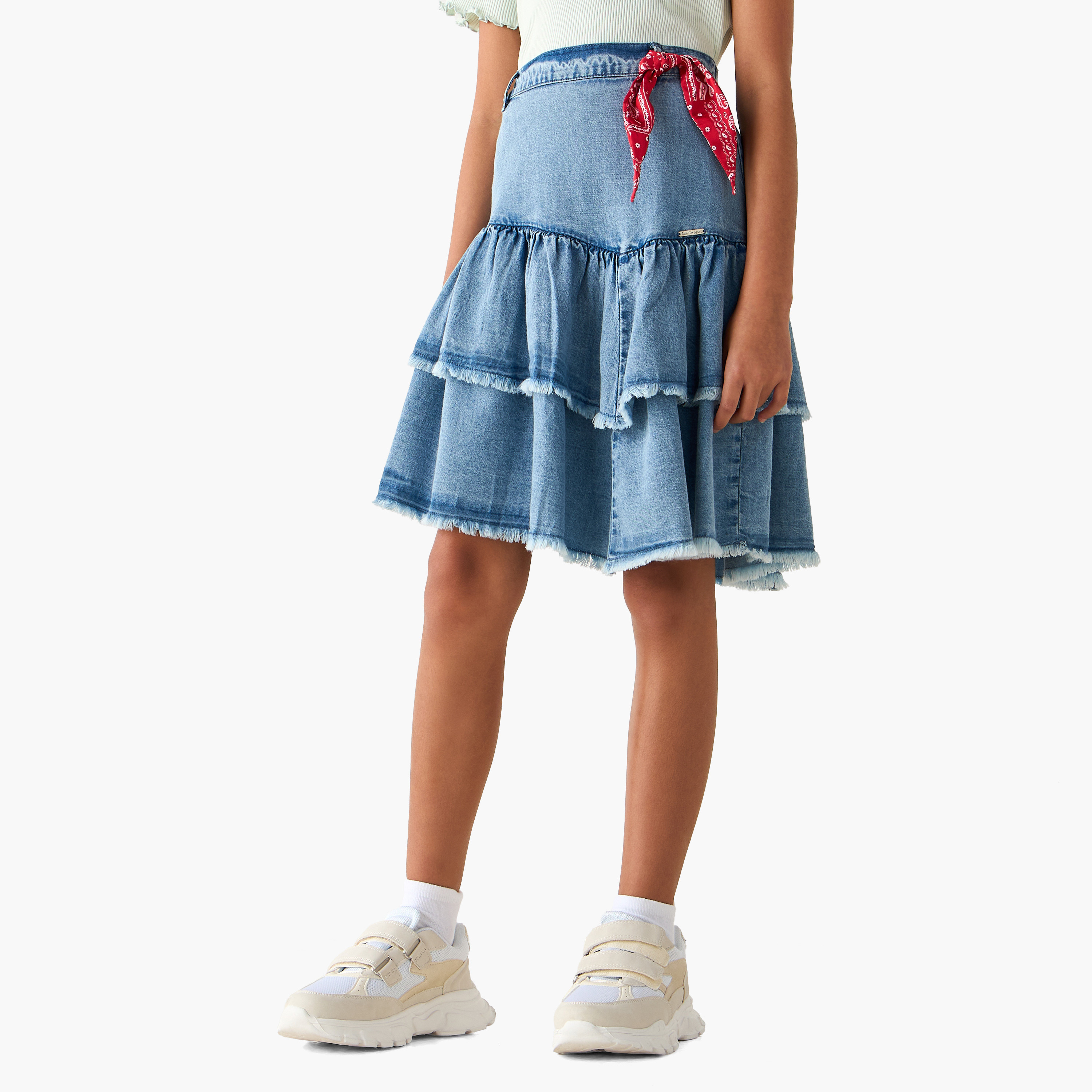 تنورة دينم متعددة الطبقات بطول الركبة وحافة مهدّبة من لي كوبر-girls-clothing-bottoms-skirts-image-5