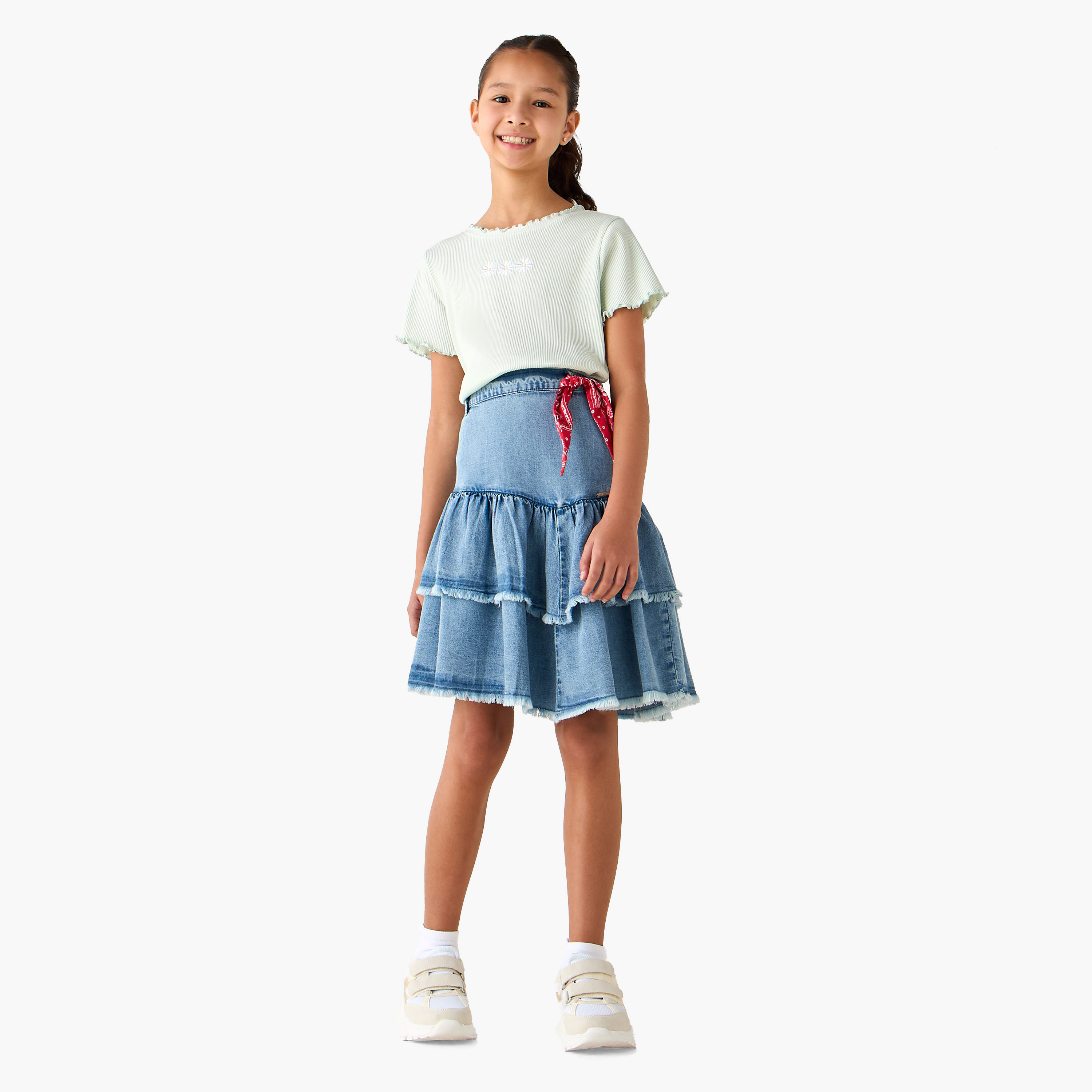 تنورة دينم متعددة الطبقات بطول الركبة وحافة مهدّبة من لي كوبر-girls-clothing-bottoms-skirts-image-4