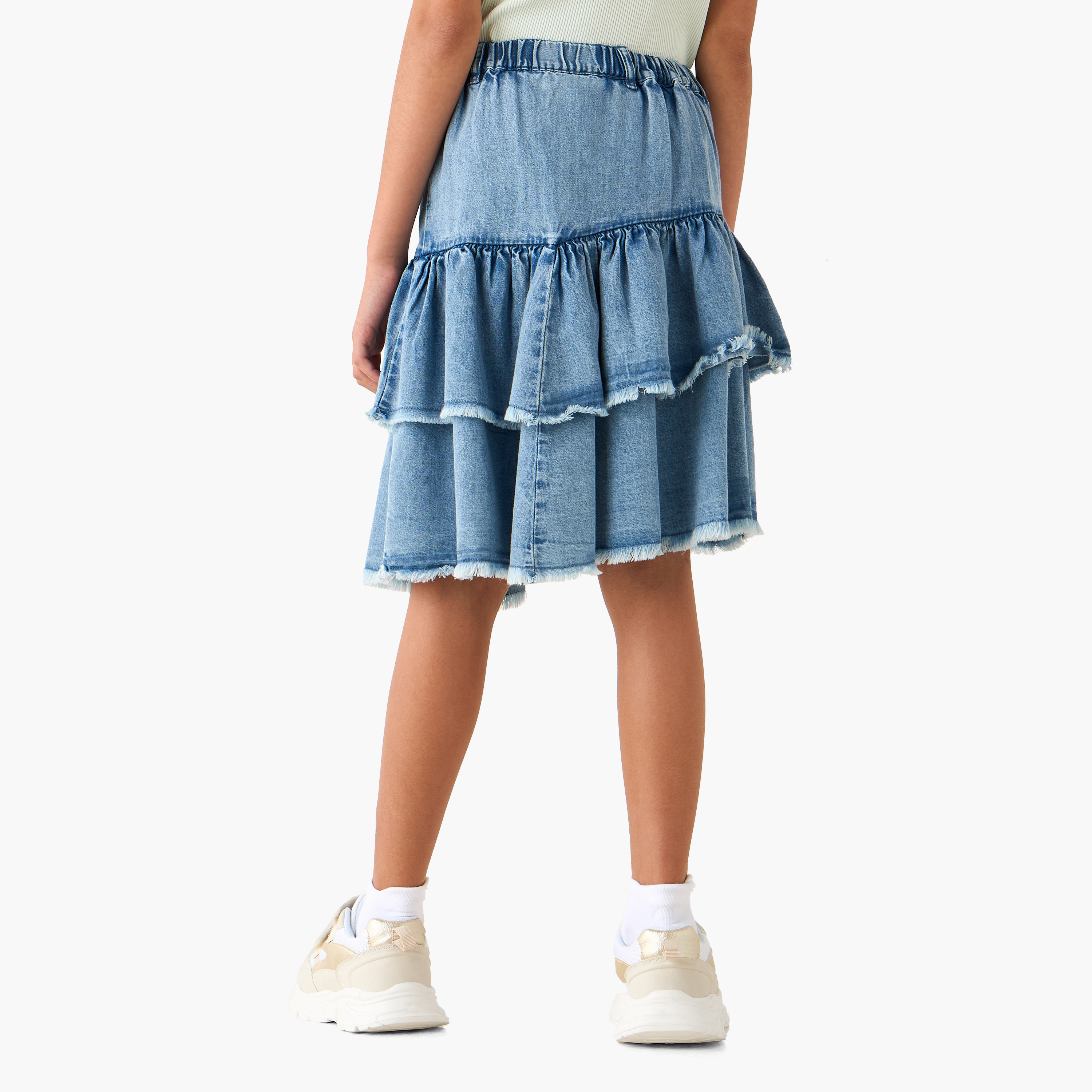 تنورة دينم متعددة الطبقات بطول الركبة وحافة مهدّبة من لي كوبر-girls-clothing-bottoms-skirts-image-3