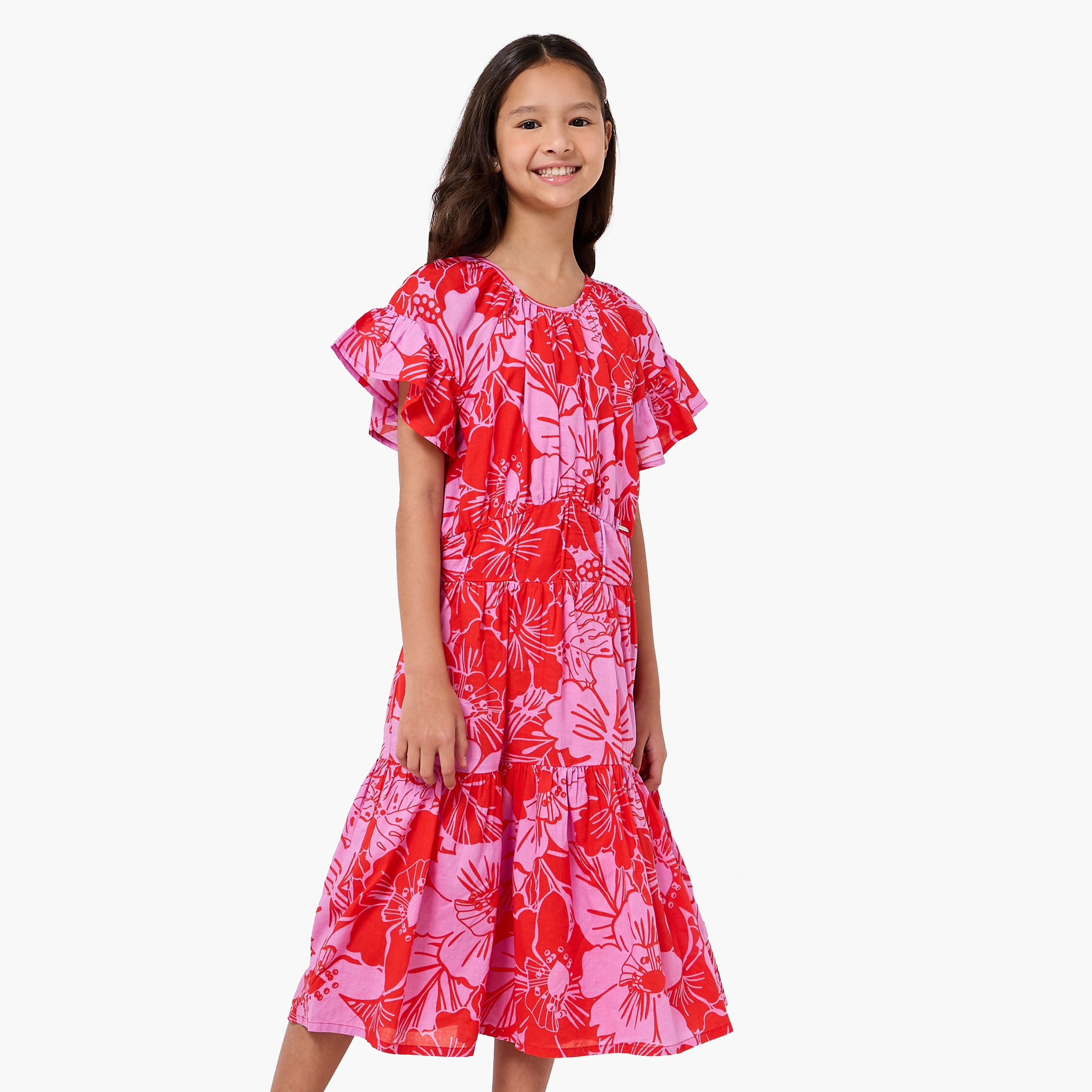 Lee Cooper Round Neck Short Sleeve A-line Dress with Floral Print-girls-clothing-dressesandjumpsuits-image-1
