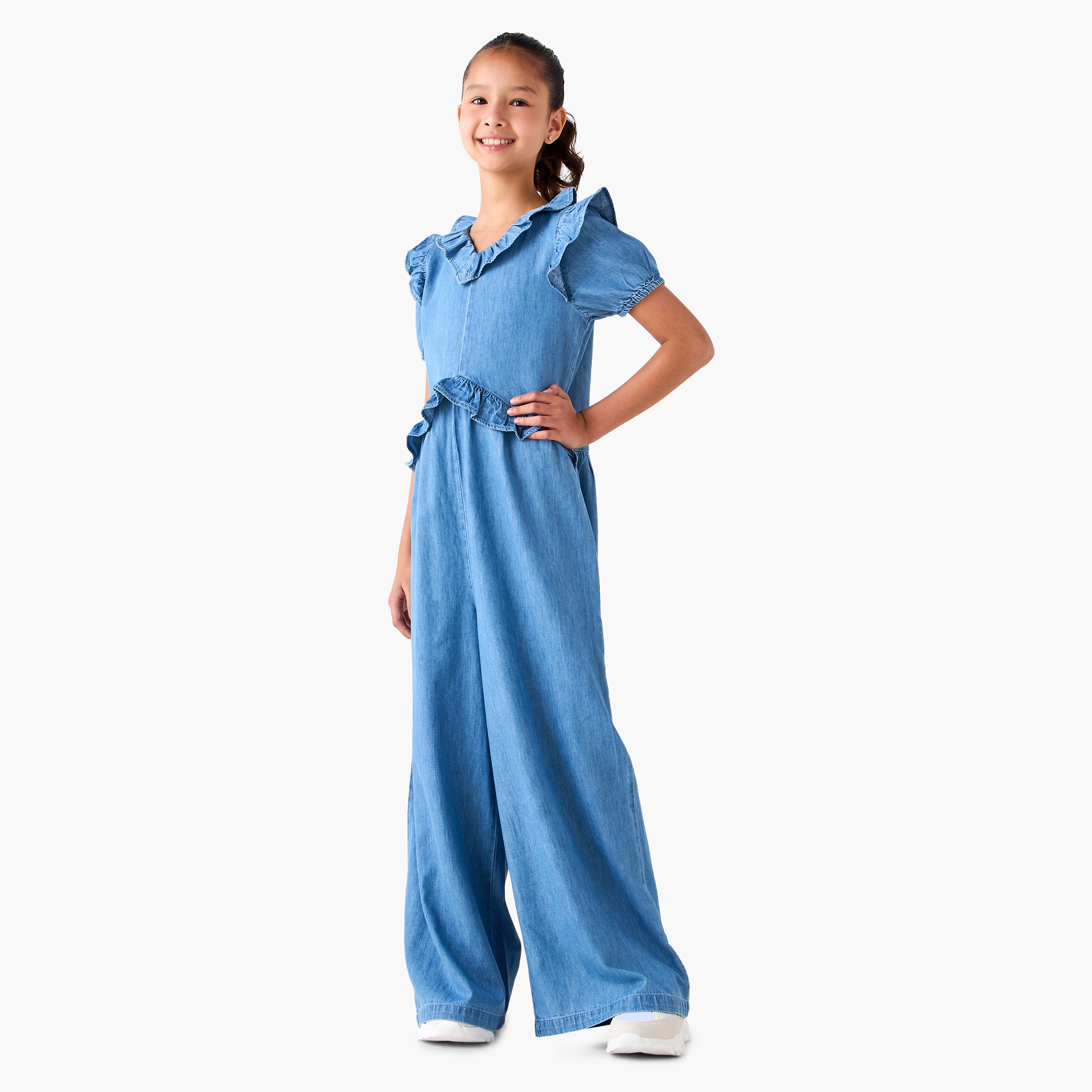 جمبسوت دينم بياقة V وأكمام قصيرة وتفاصيل كشكش من لي كوبر-girls-clothing-dressesandjumpsuits-image-2