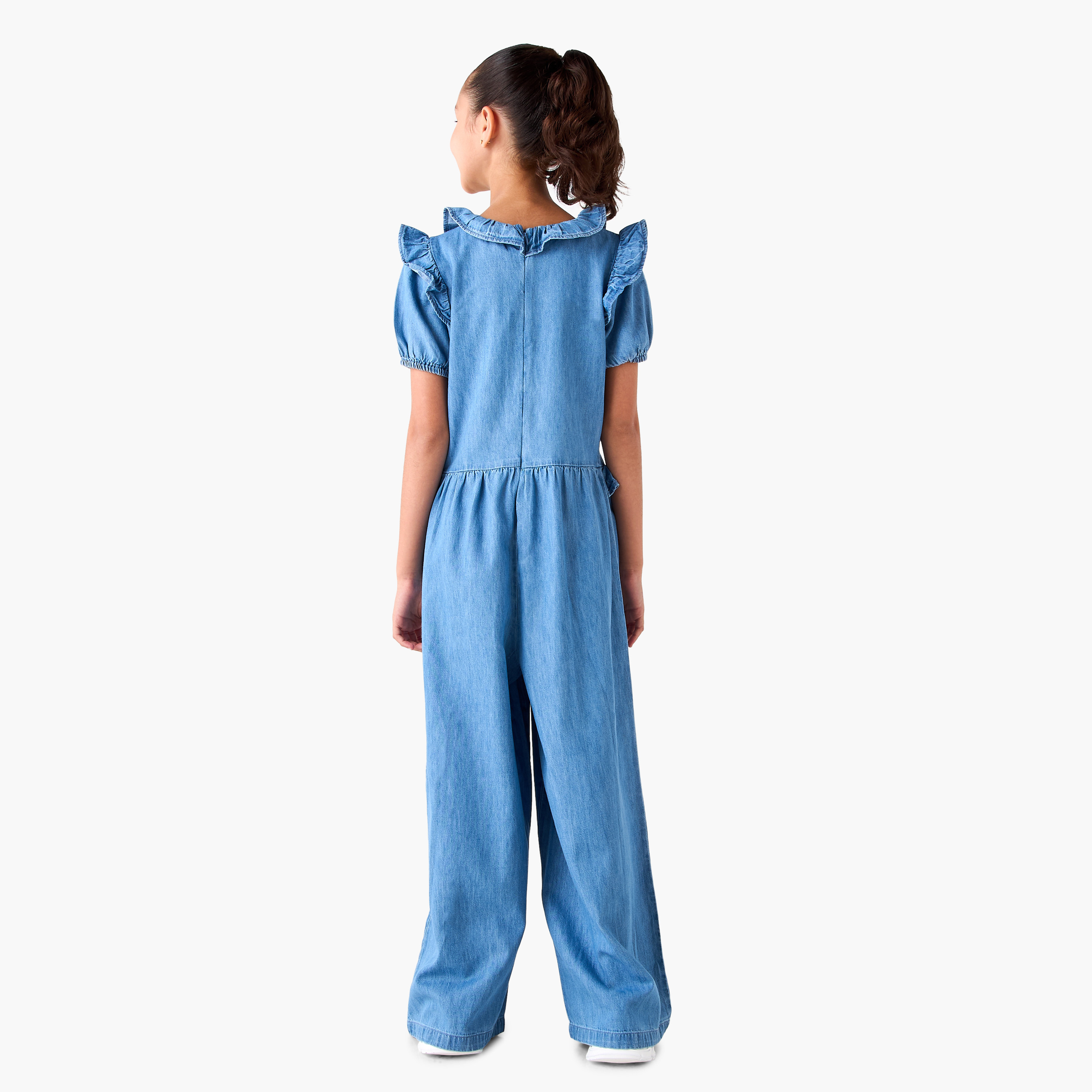 جمبسوت دينم بياقة V وأكمام قصيرة وتفاصيل كشكش من لي كوبر-girls-clothing-dressesandjumpsuits-image-3