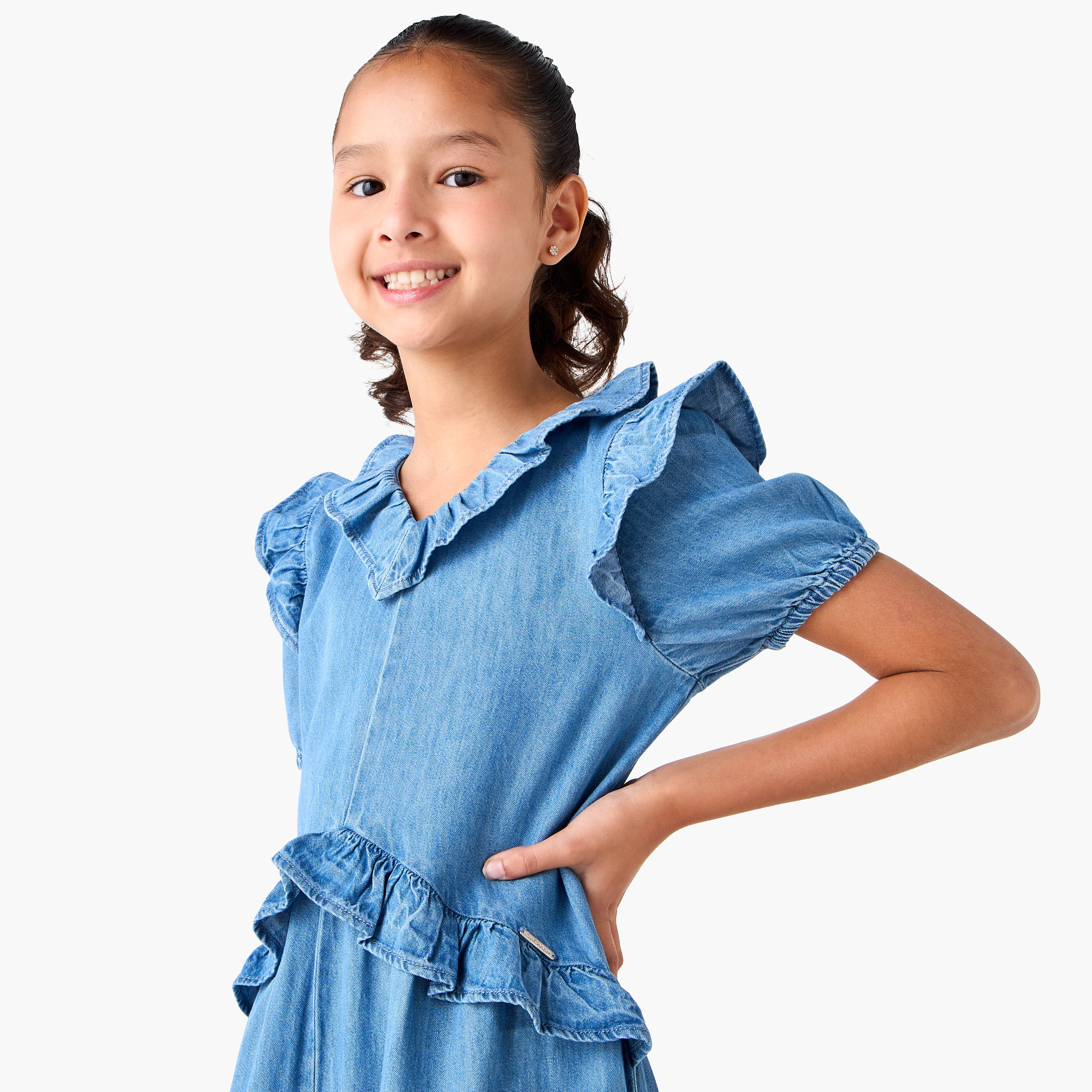 جمبسوت دينم بياقة V وأكمام قصيرة وتفاصيل كشكش من لي كوبر-girls-clothing-dressesandjumpsuits-image-4
