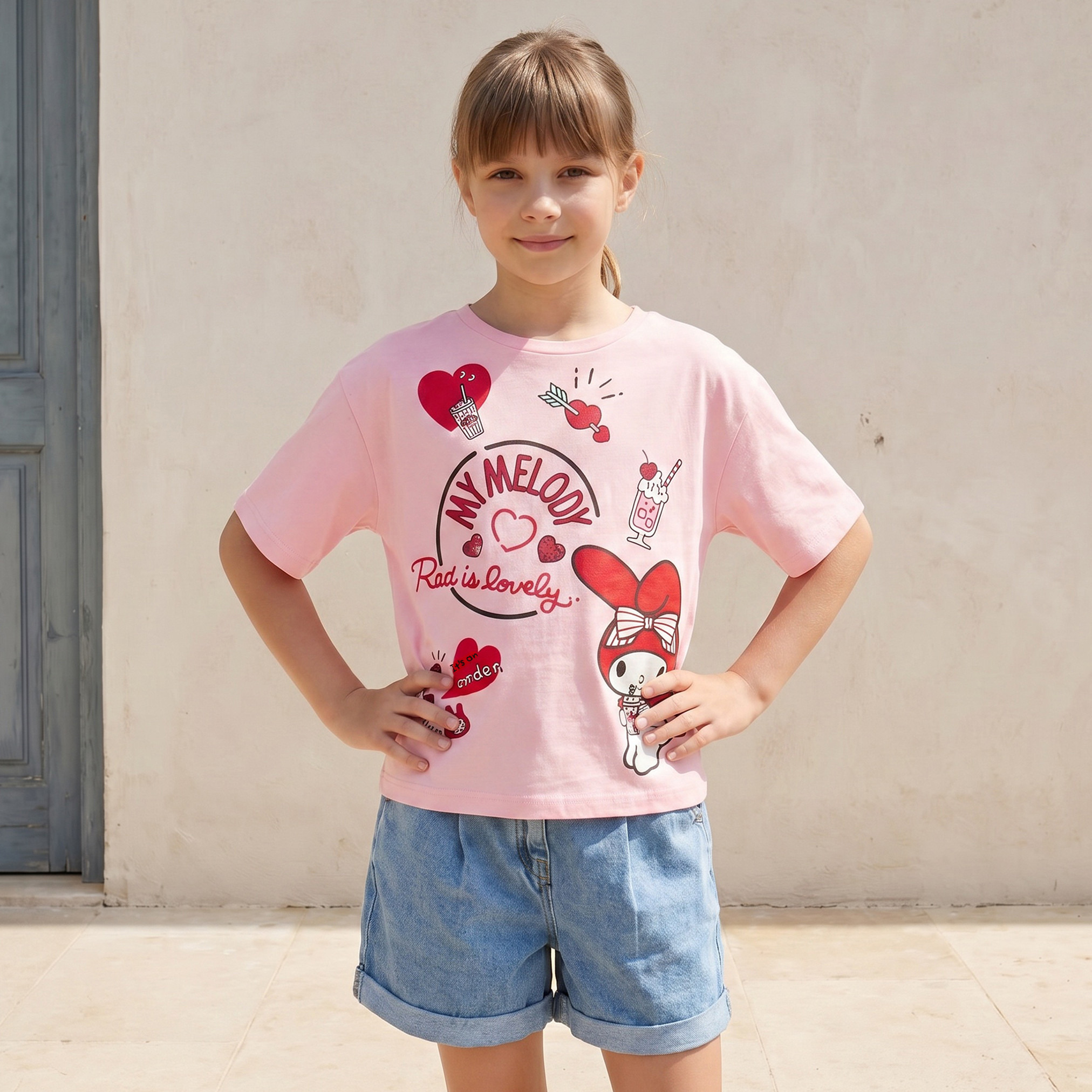 Sanrio Round Neck Short Sleeve T-shirt with My Melody Print-girls-clothing-tshirts-image-1