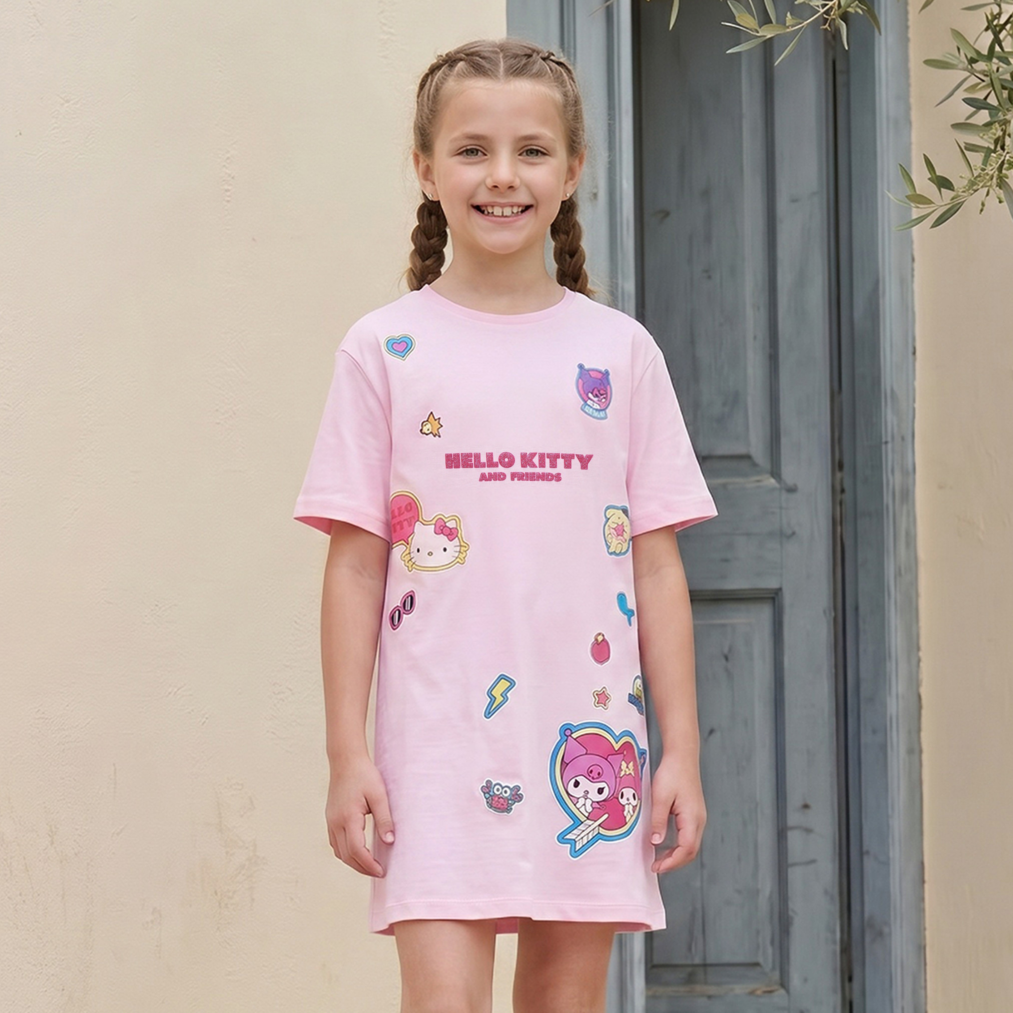 Sanrio Crew Neck Short Sleeves Knee Length Dress with Hello Kitty and Friends Print-girls-clothing-dressesandjumpsuits-image-1