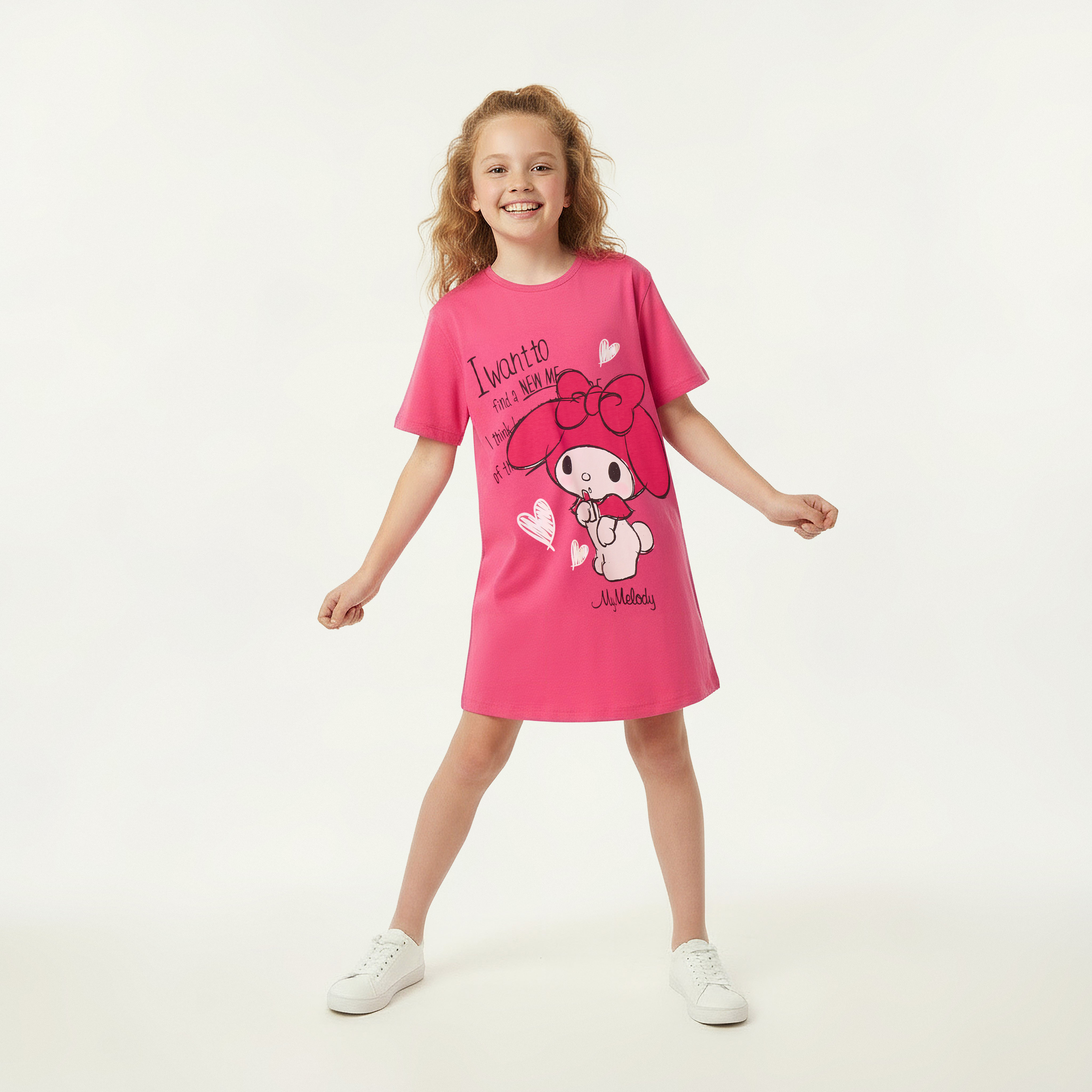 Sanrio Round Neck Short Sleeves Knee Length T-shirt Dress with My Melody Print-girls-clothing-dressesandjumpsuits-image-1