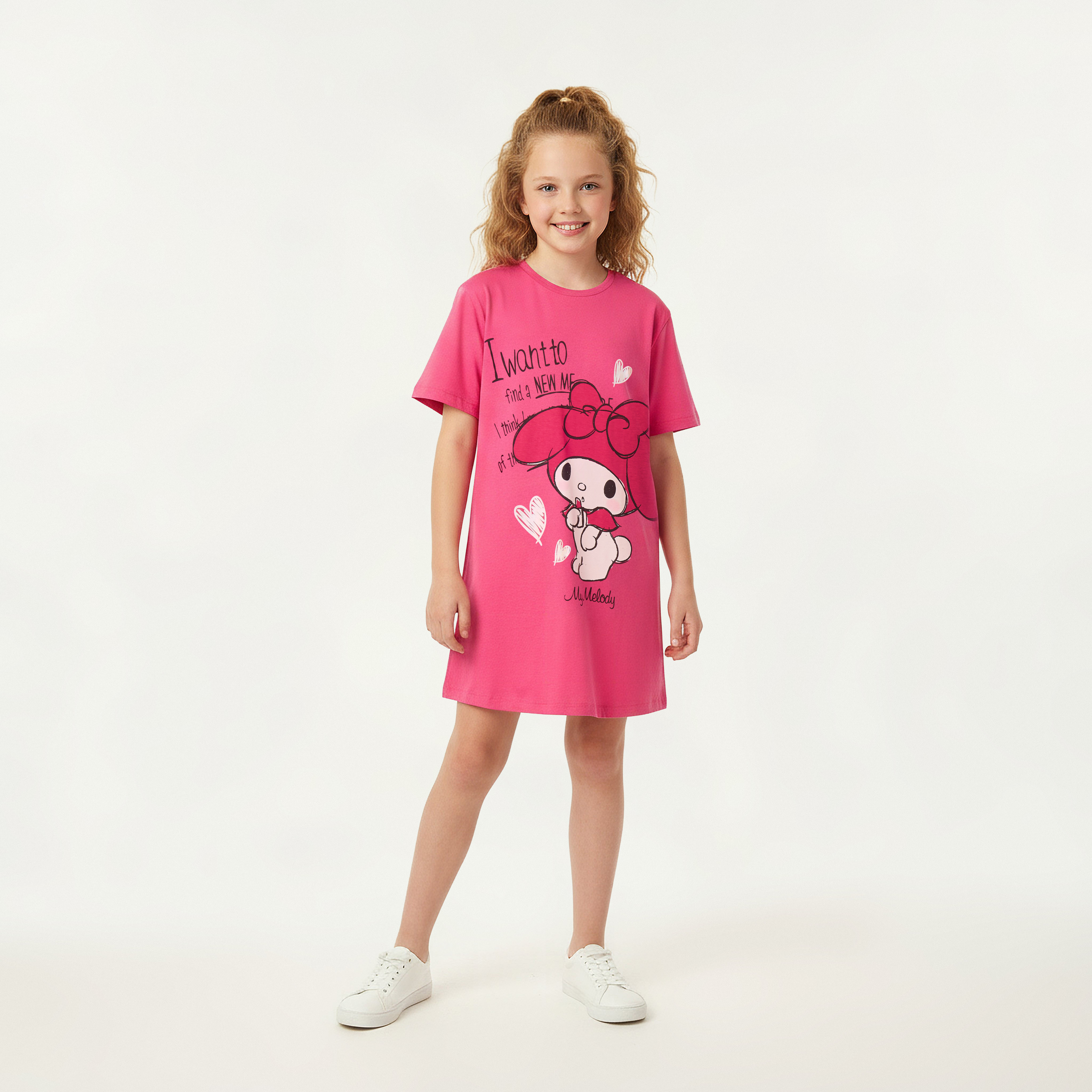 Sanrio Round Neck Short Sleeves Knee Length T-shirt Dress with My Melody Print-girls-clothing-dressesandjumpsuits-image-2