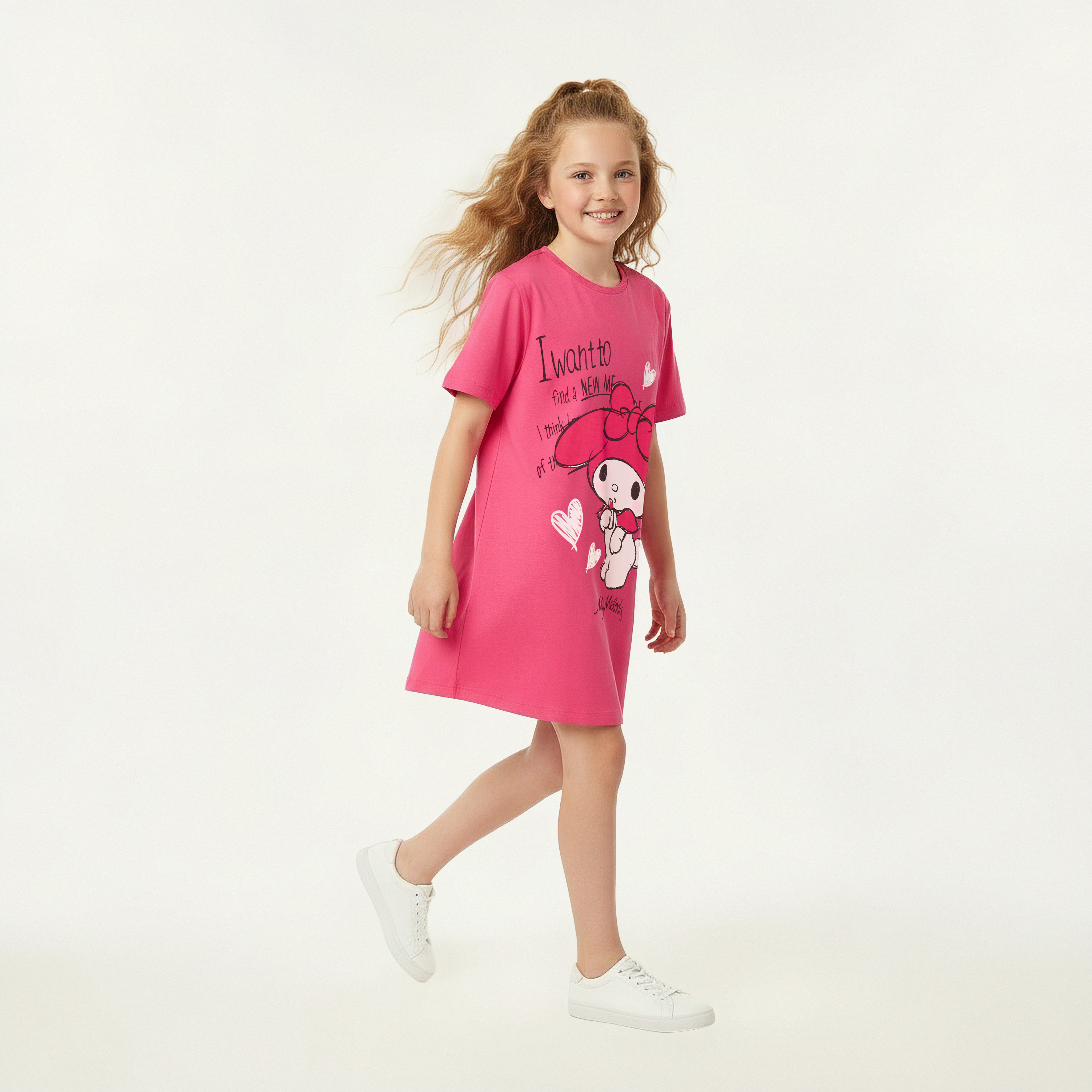 Sanrio Round Neck Short Sleeves Knee Length T-shirt Dress with My Melody Print-girls-clothing-dressesandjumpsuits-image-5