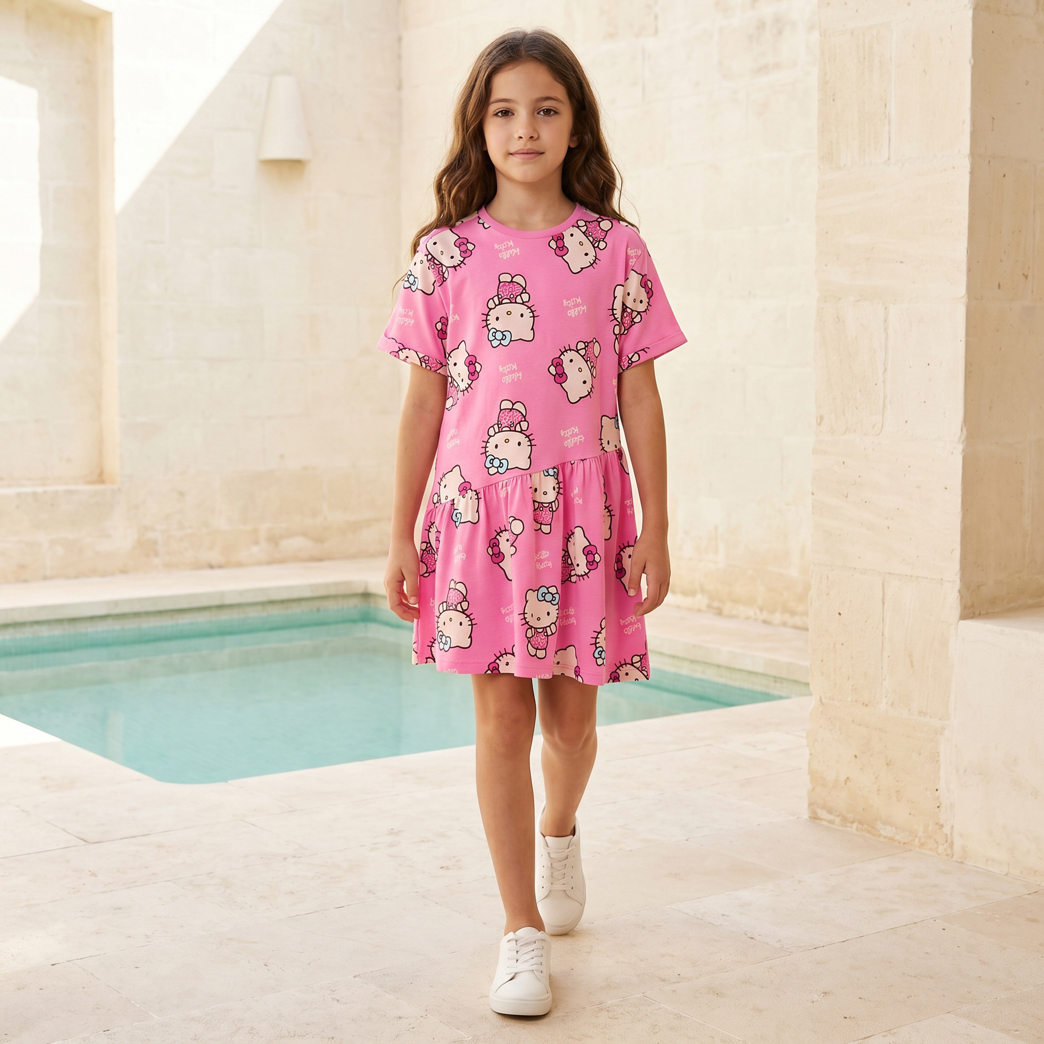 Sanrio Round Neck Short Sleeves Knee Length A-line Dress with Hello Kitty Print-girls-clothing-dressesandjumpsuits-image-6