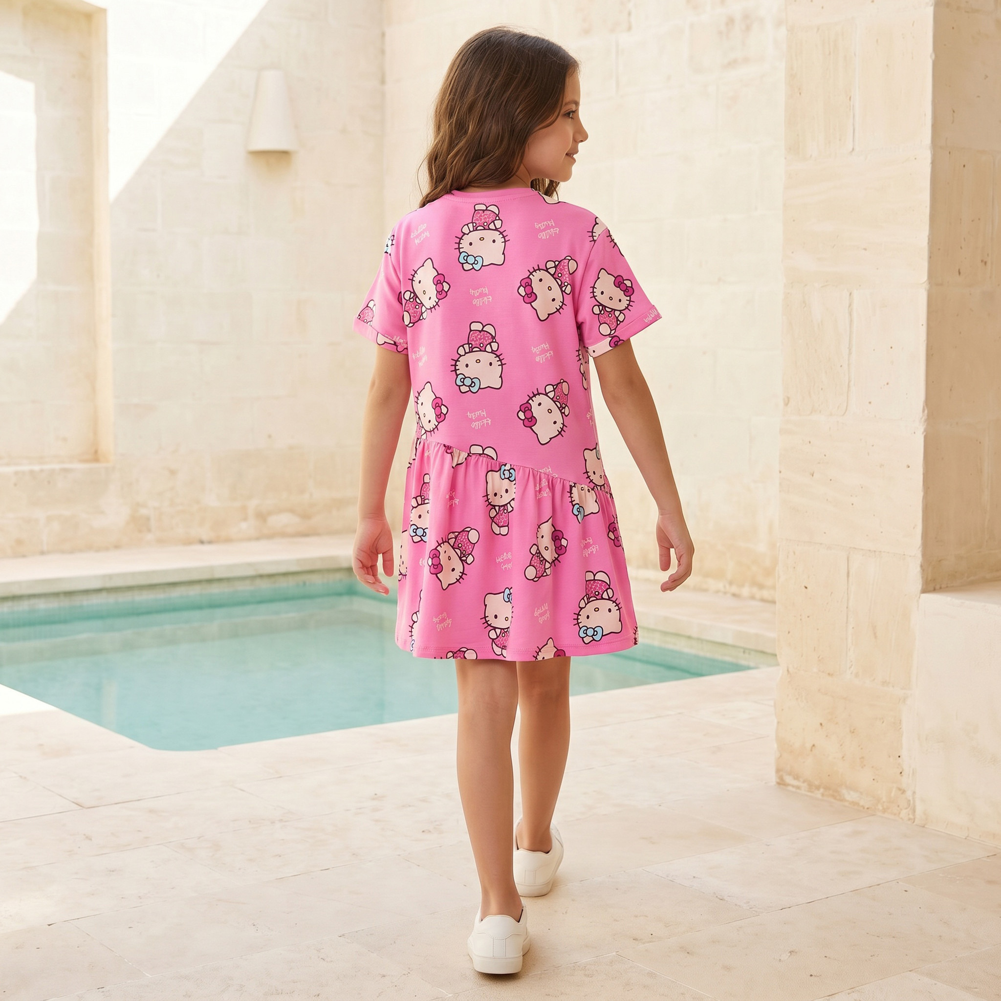 Sanrio Round Neck Short Sleeves Knee Length A-line Dress with Hello Kitty Print-girls-clothing-dressesandjumpsuits-image-2