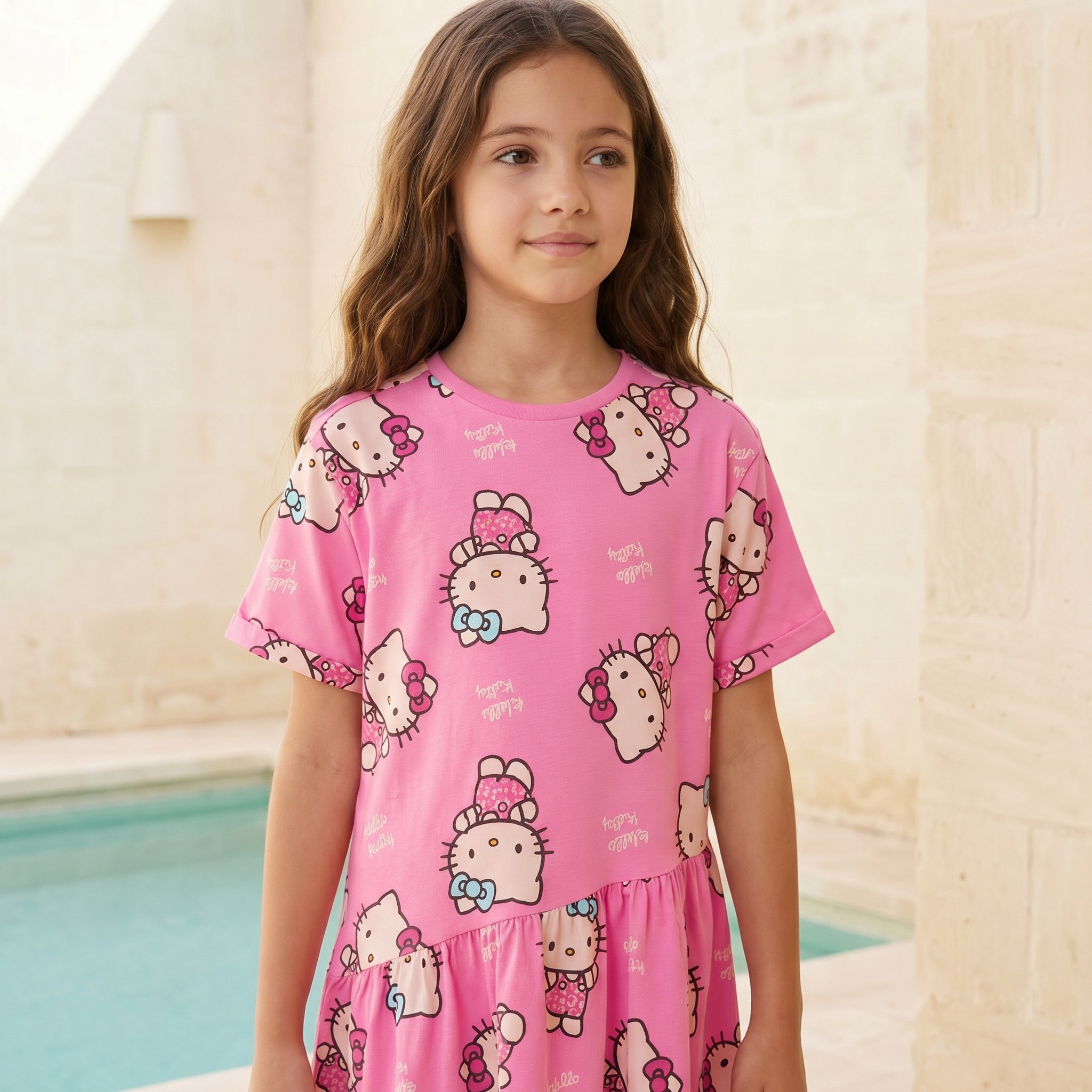 Sanrio Round Neck Short Sleeves Knee Length A-line Dress with Hello Kitty Print-girls-clothing-dressesandjumpsuits-image-5