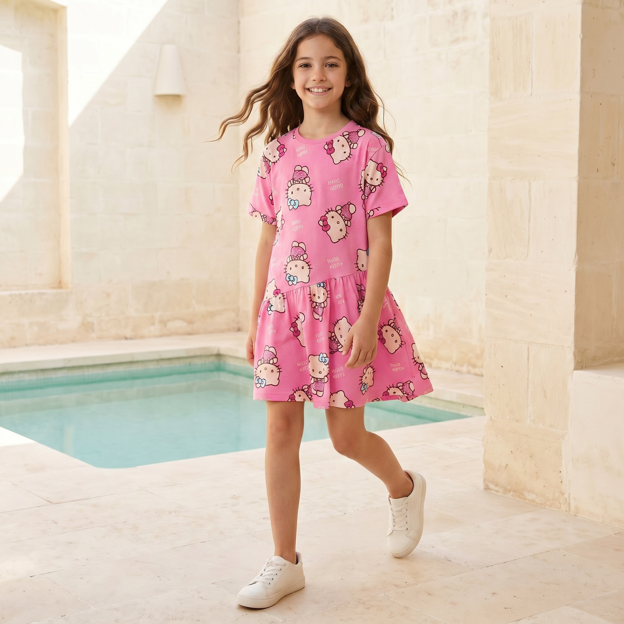Sanrio Round Neck Short Sleeves Knee Length A-line Dress with Hello Kitty Print-girls-clothing-dressesandjumpsuits-image-1