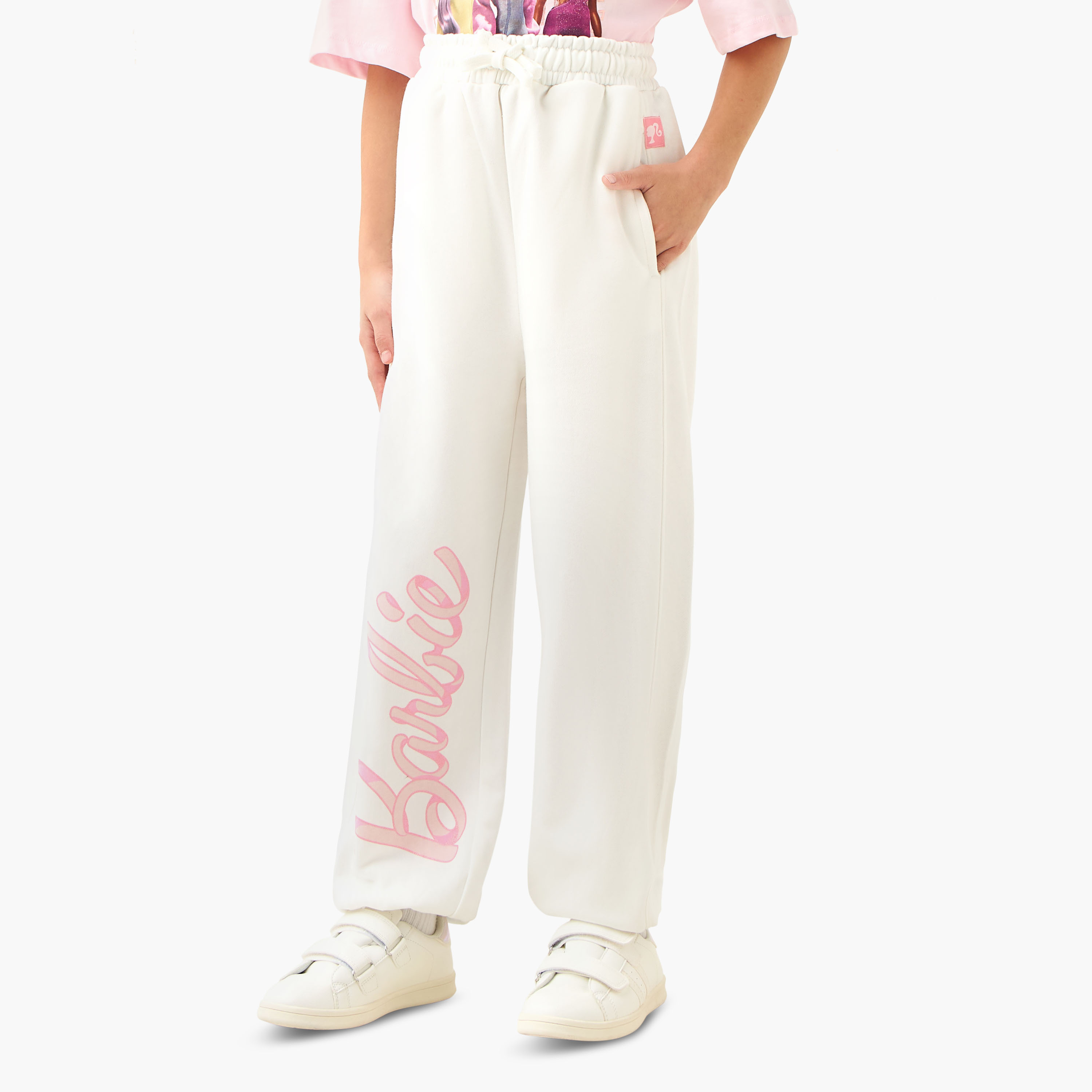 Elasticated Drawstring Waist Joggers with Barbie Print-girls-clothing-bottoms-joggersandtrackpants-image-1