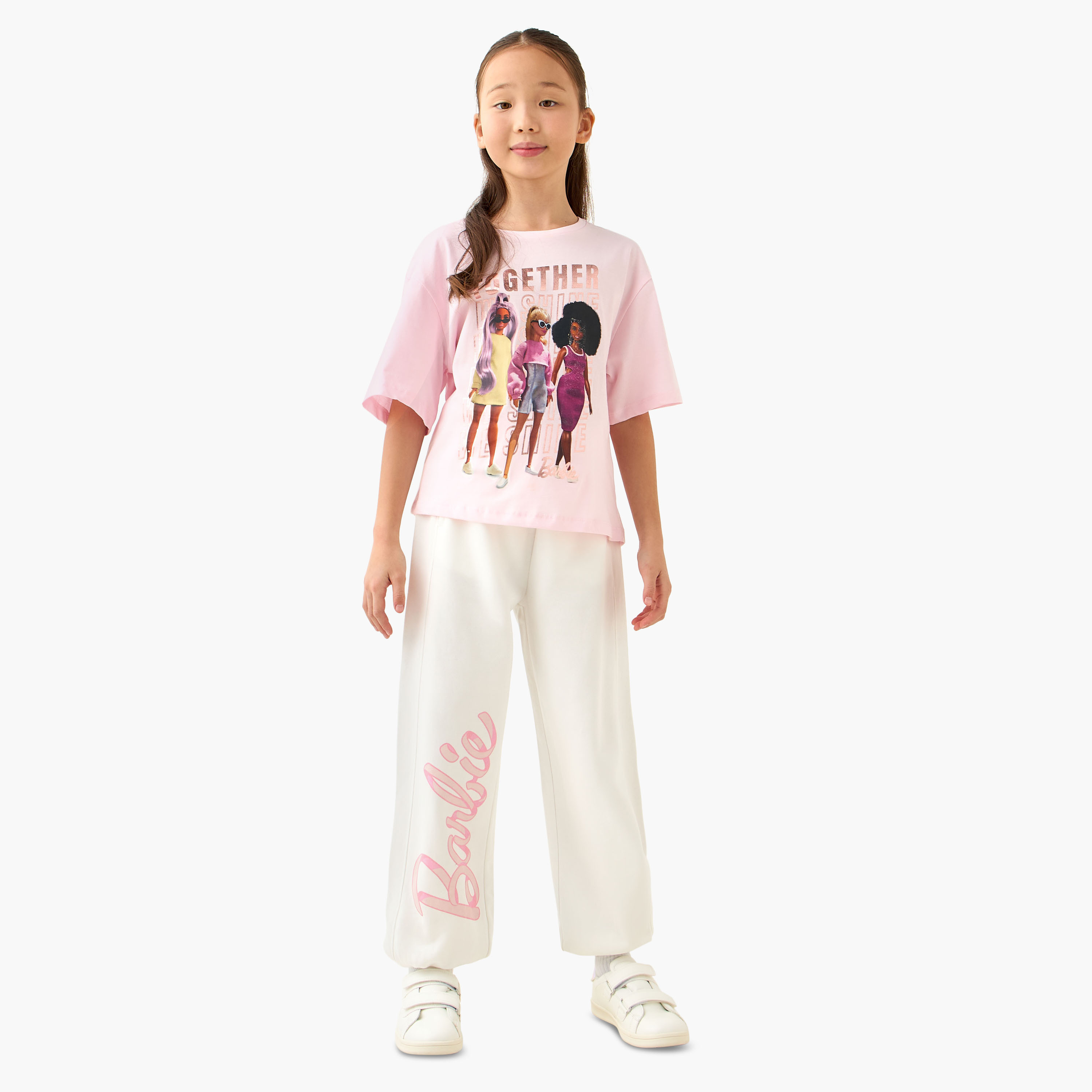 Elasticated Drawstring Waist Joggers with Barbie Print-girls-clothing-bottoms-joggersandtrackpants-image-2