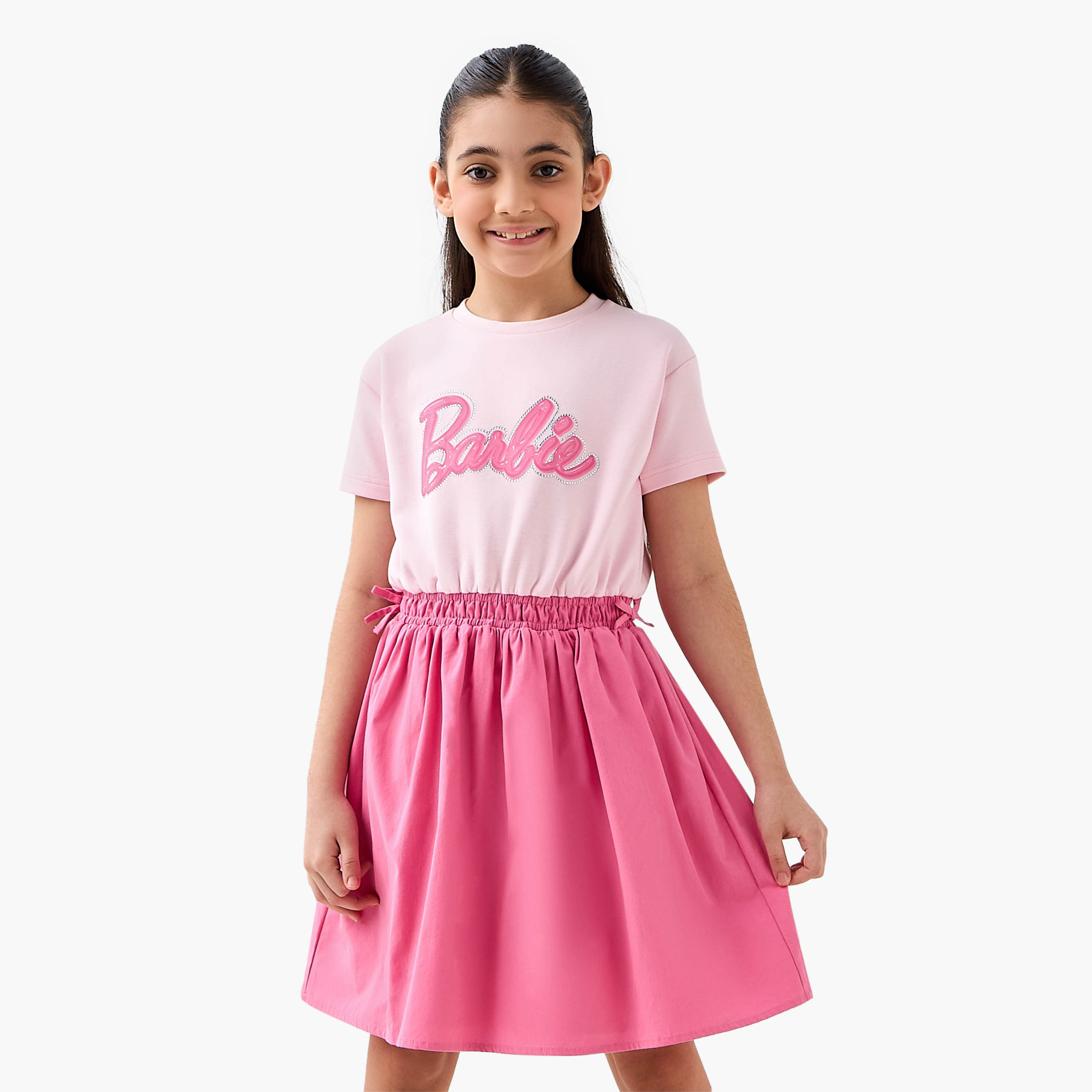 Crew Neck Short Sleeves Midi Dress with Barbie Embellished Design-girls-clothing-dressesandjumpsuits-image-1