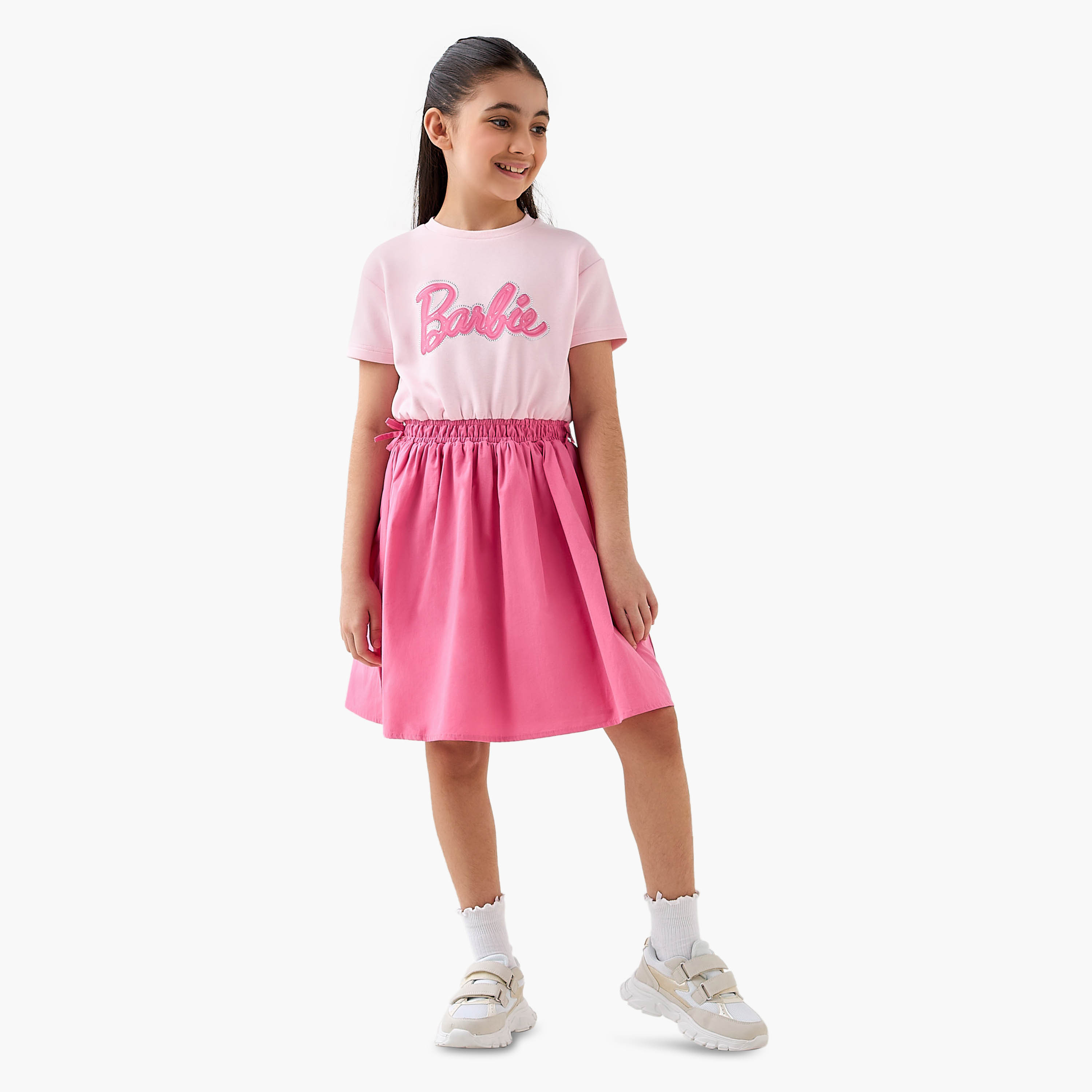 Crew Neck Short Sleeves Midi Dress with Barbie Embellished Design-girls-clothing-dressesandjumpsuits-image-2
