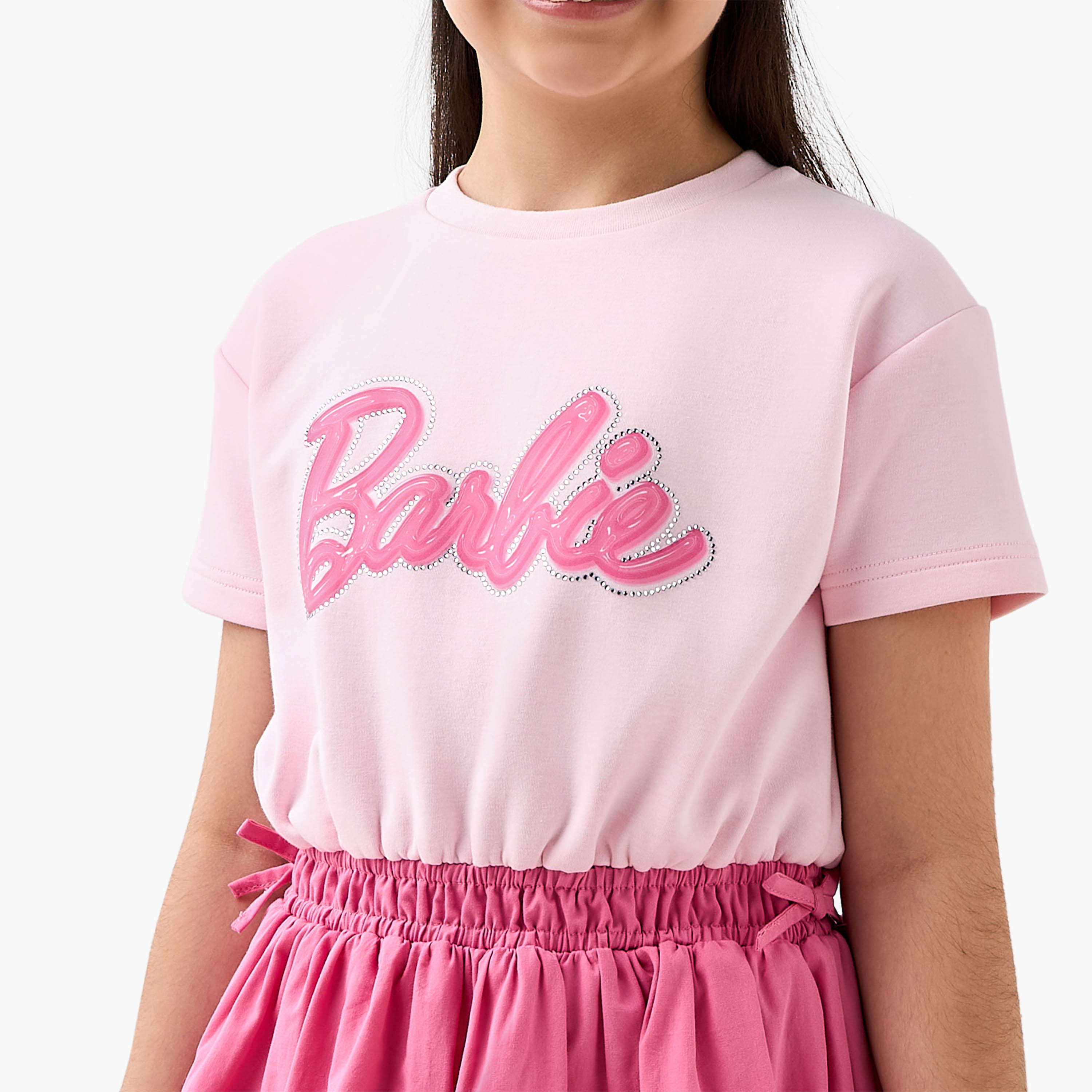 Crew Neck Short Sleeves Midi Dress with Barbie Embellished Design-girls-clothing-dressesandjumpsuits-image-4