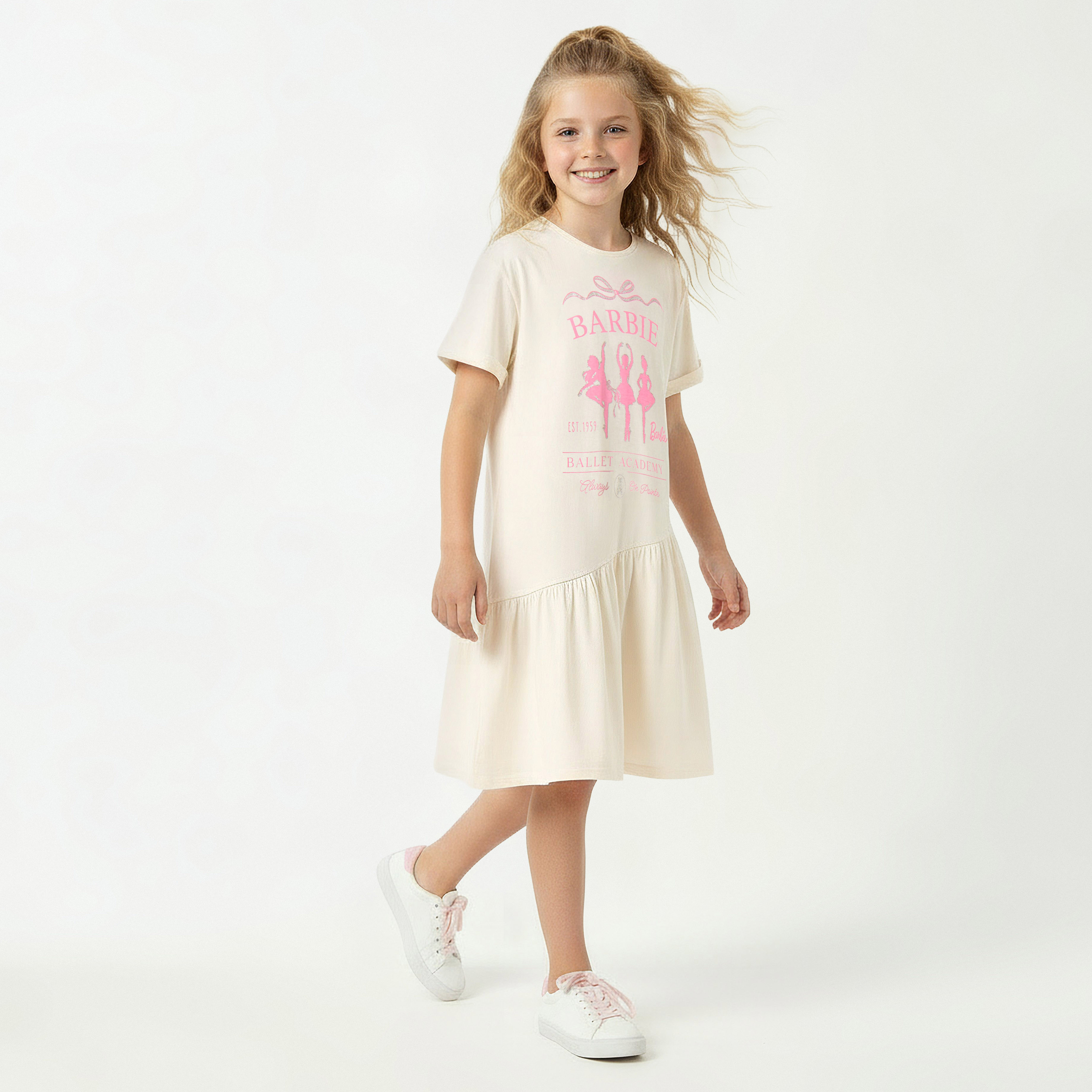 Round Neck Short Sleeve Dress with Barbie Print-girls-clothing-dressesandjumpsuits-image-2