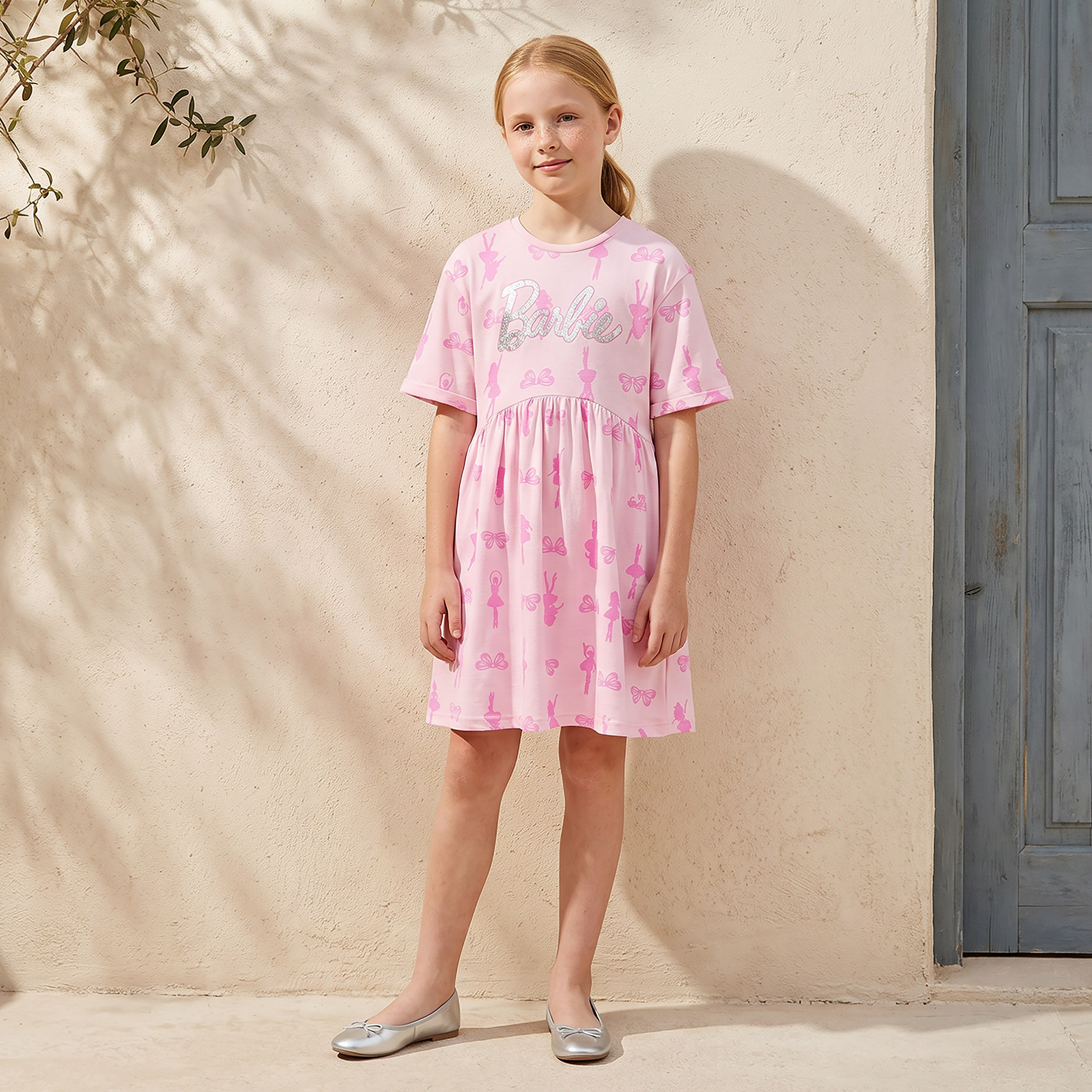 Round Neck Short Sleeves Knee Length Dress with Barbie Print-girls-clothing-dressesandjumpsuits-image-1