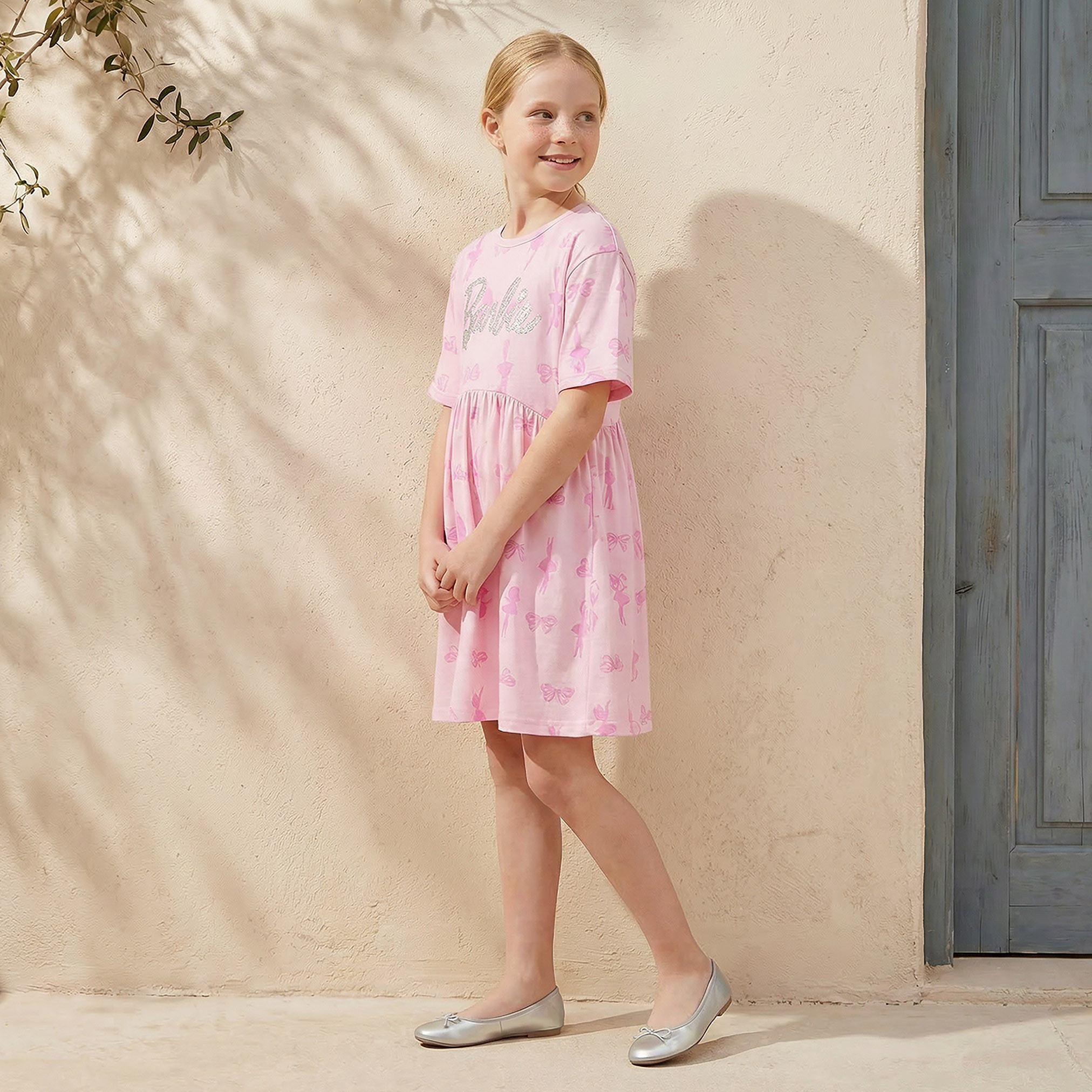 Round Neck Short Sleeves Knee Length Dress with Barbie Print-girls-clothing-dressesandjumpsuits-image-2