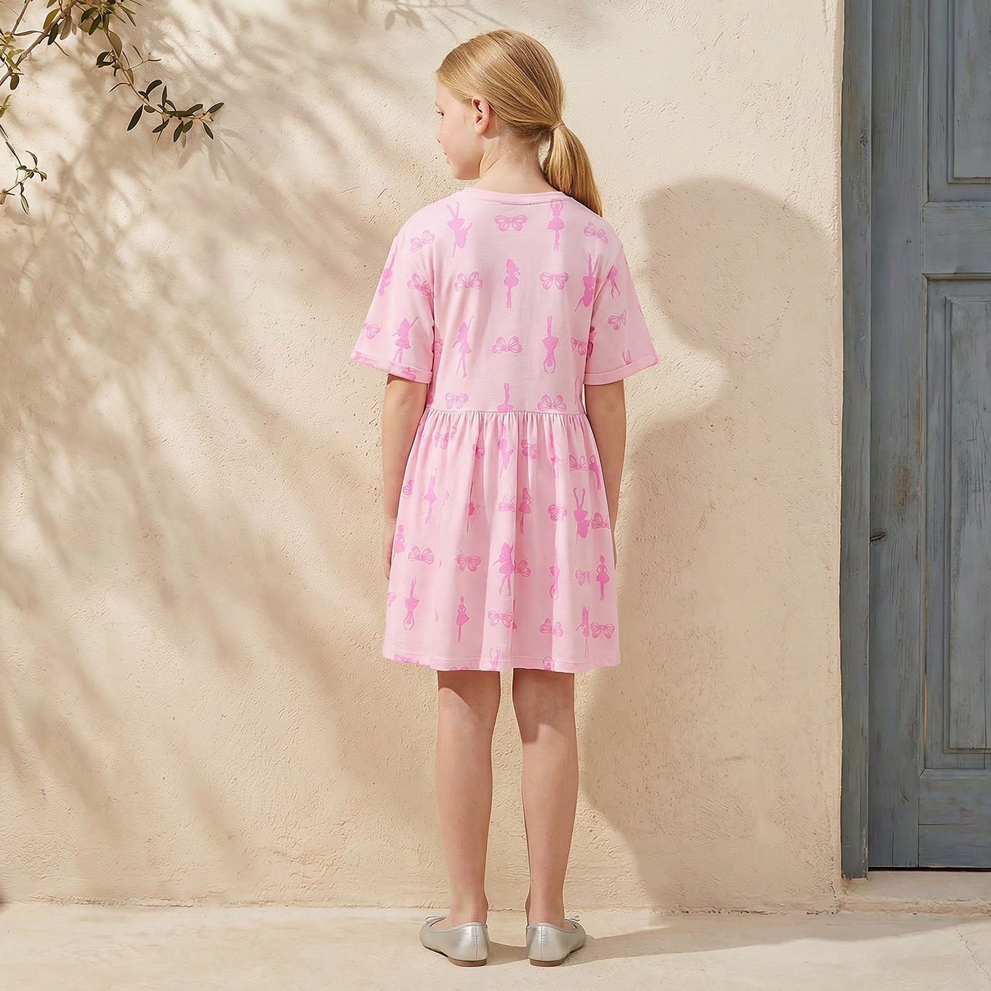 Round Neck Short Sleeves Knee Length Dress with Barbie Print-girls-clothing-dressesandjumpsuits-image-3